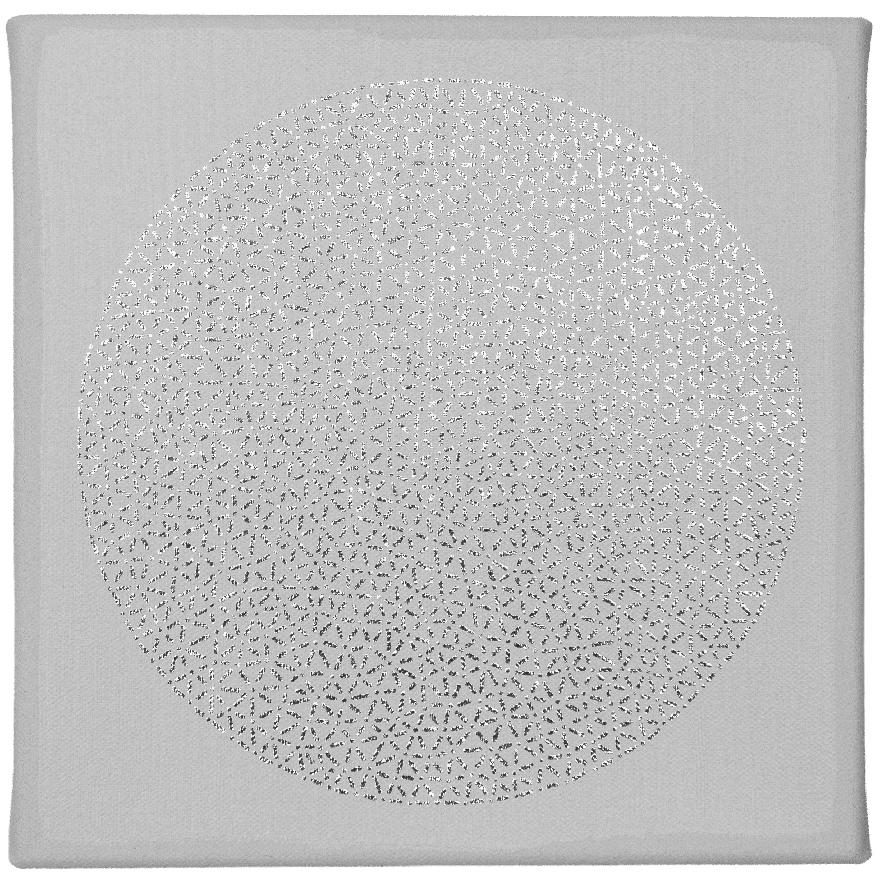 Fine white dots and lines form a circular pattern on a white square canvas.