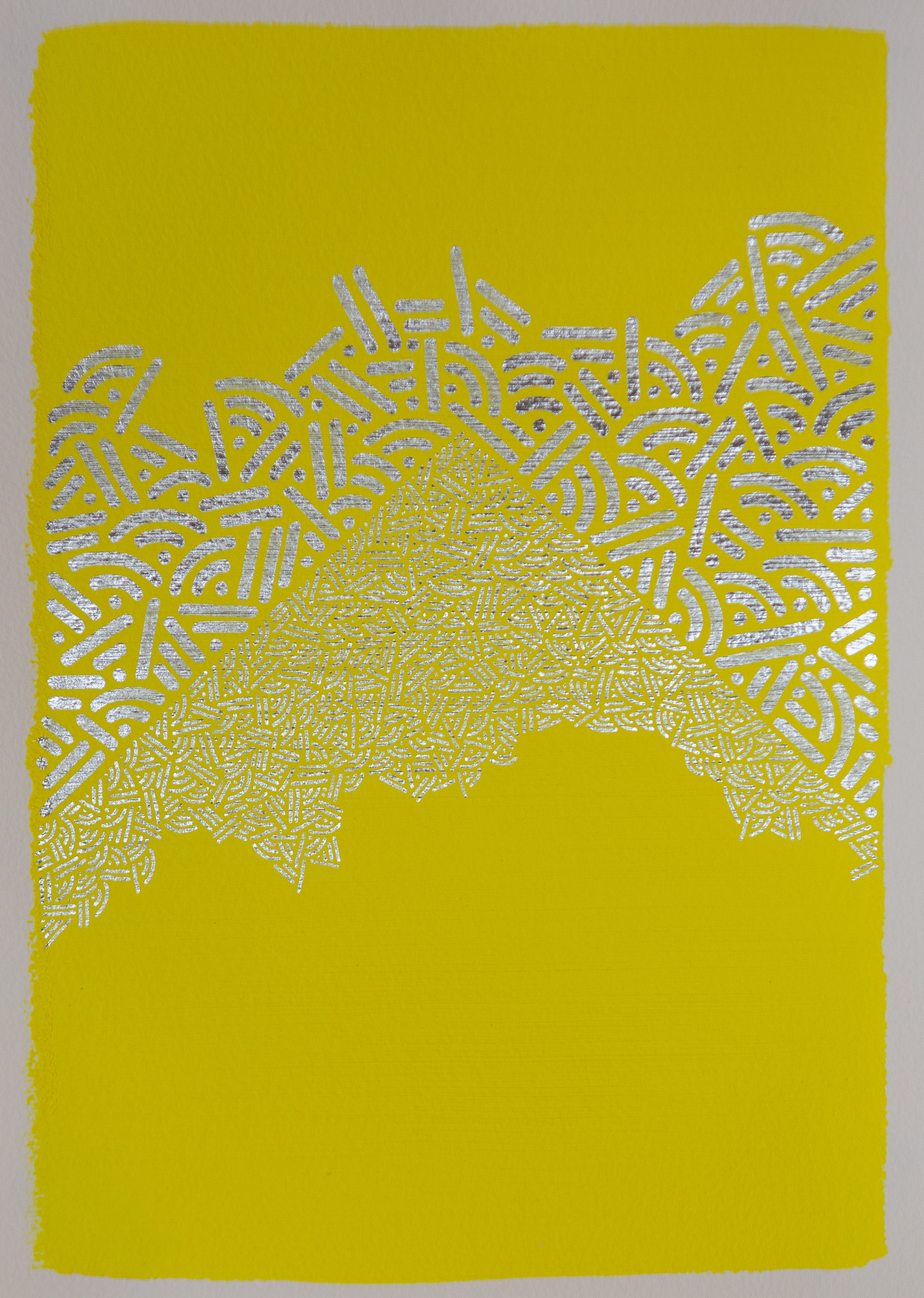 Fine pale dots and lines form an irregular flowing band over a bright yellow field.