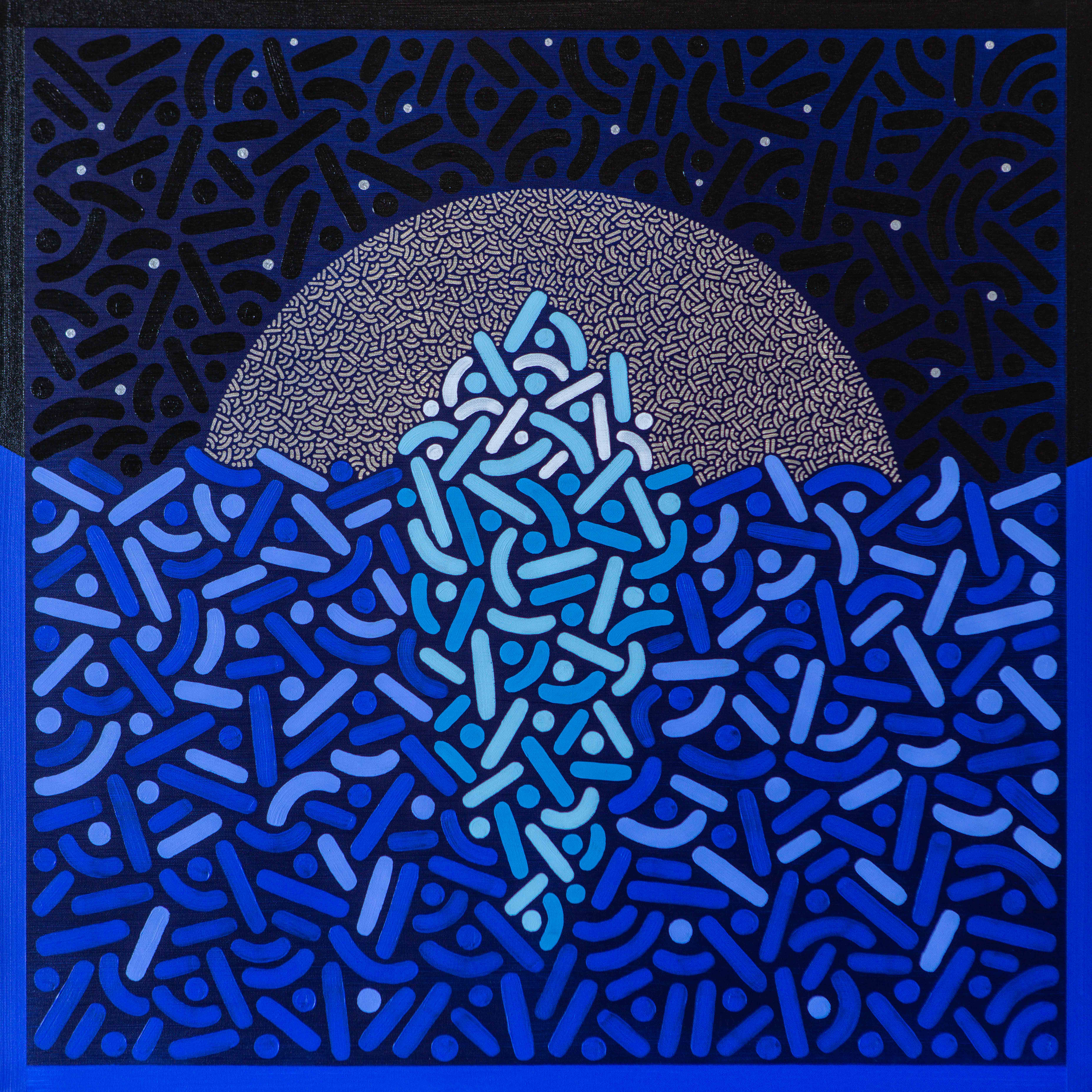 Blue and turquoise patterned forms overlap a silver-gray circle on a dark-blue background.