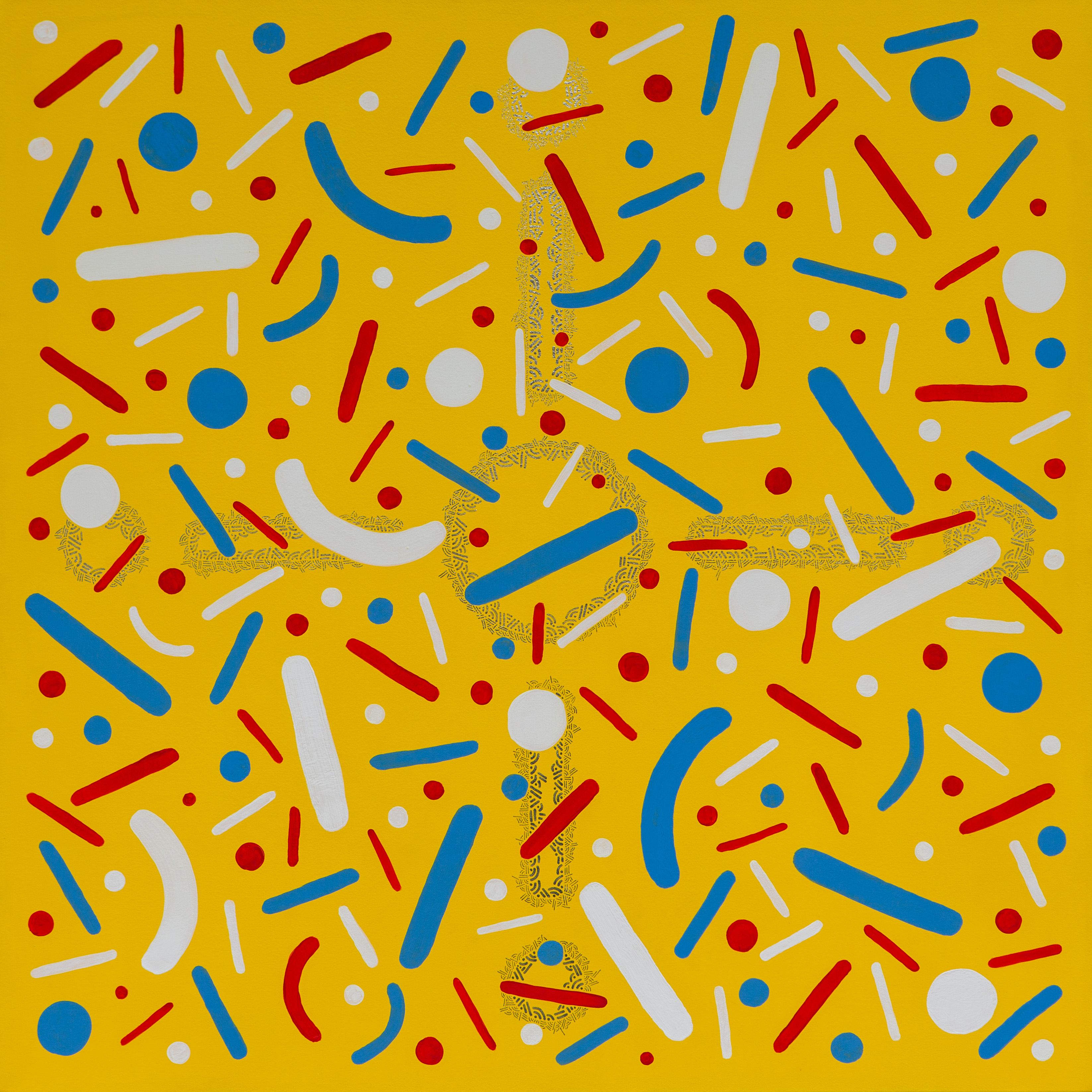 Multicolored dots and curves scattered across a bright-yellow rectangular background.
