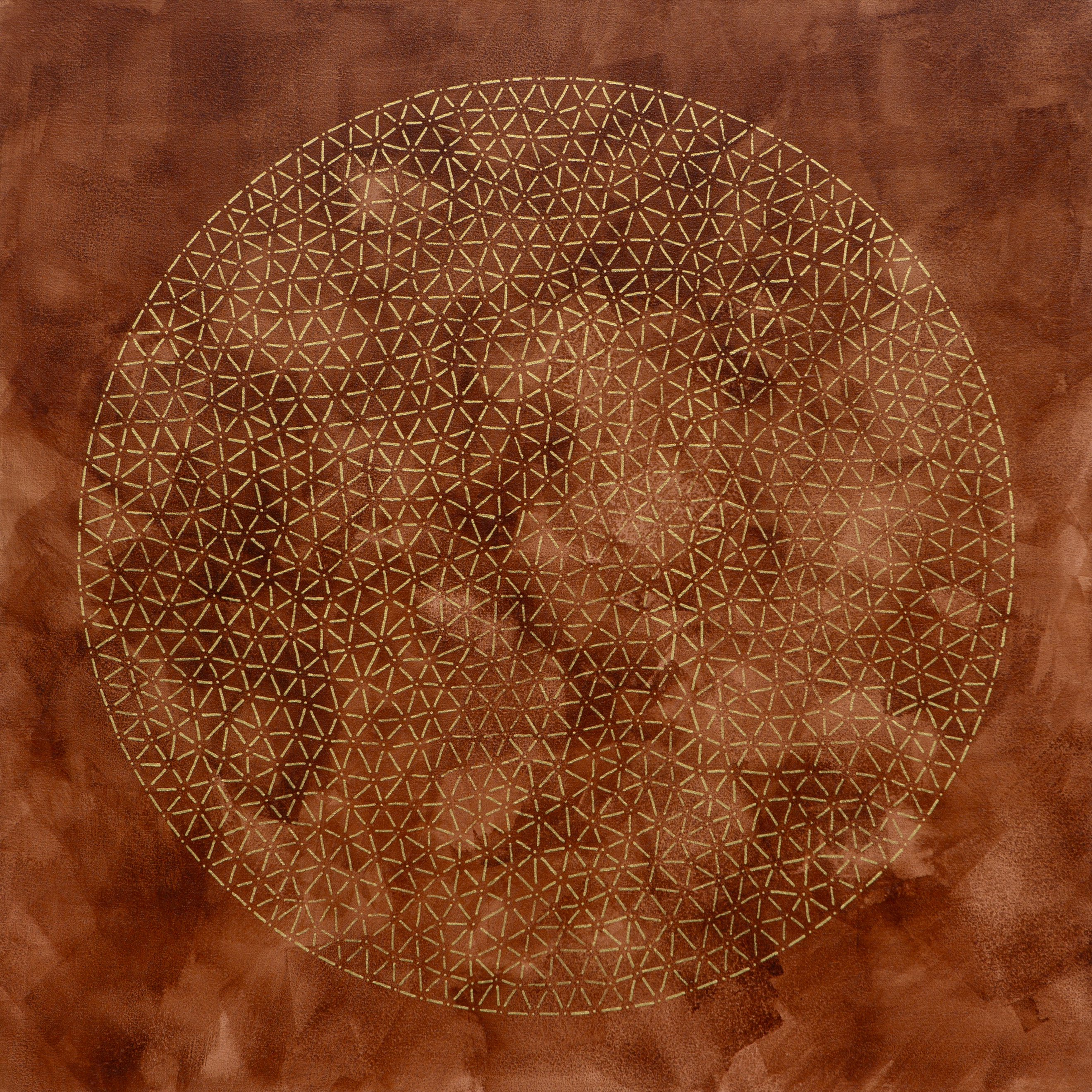 Fine golden marks form a circular pattern on a mottled rust-brown square.