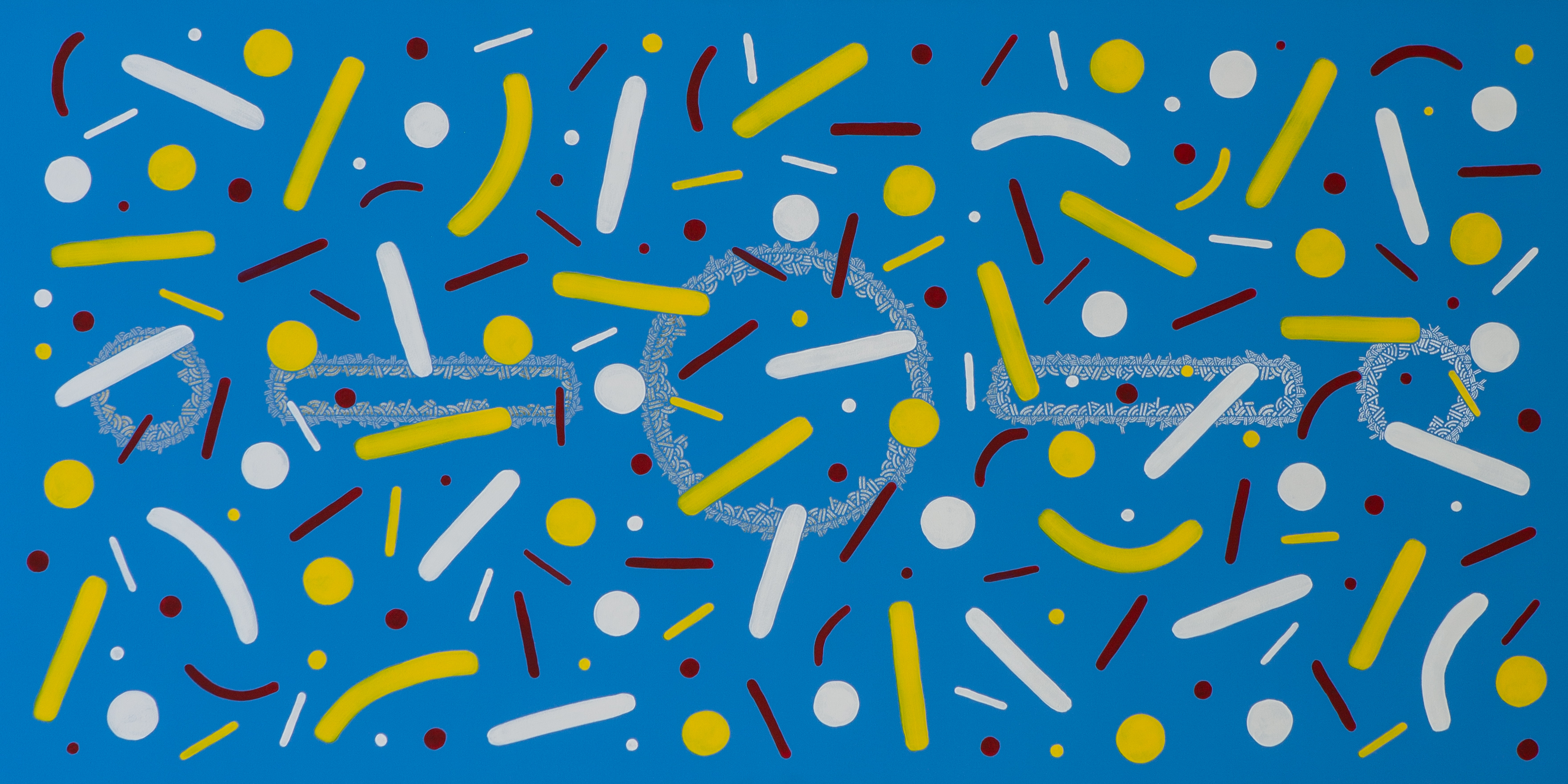 Yellow, pale-blue, and white dots and curves scattered across a bright-blue horizontal background.