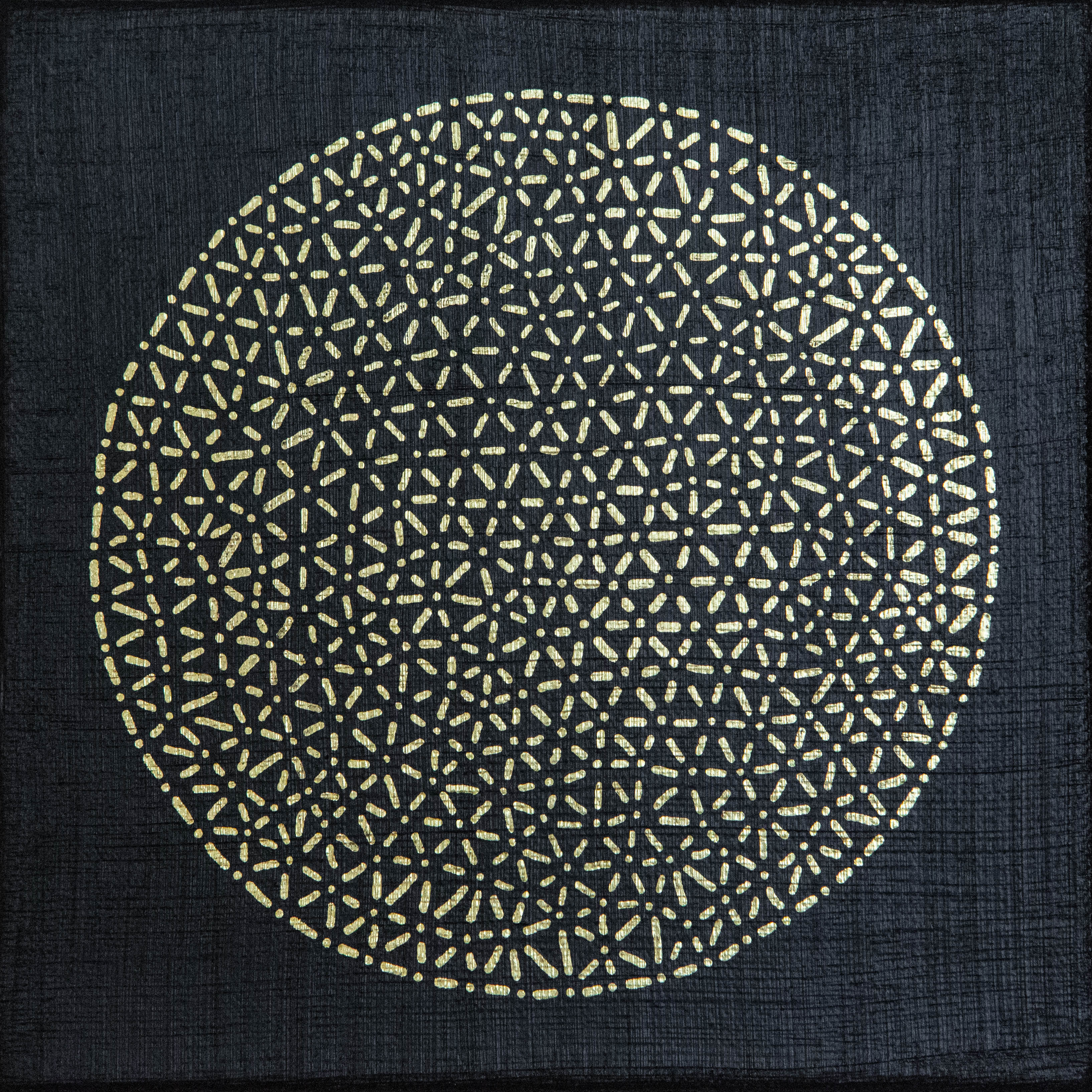 A pale circular field of dense dots and lines centered on a black square background.