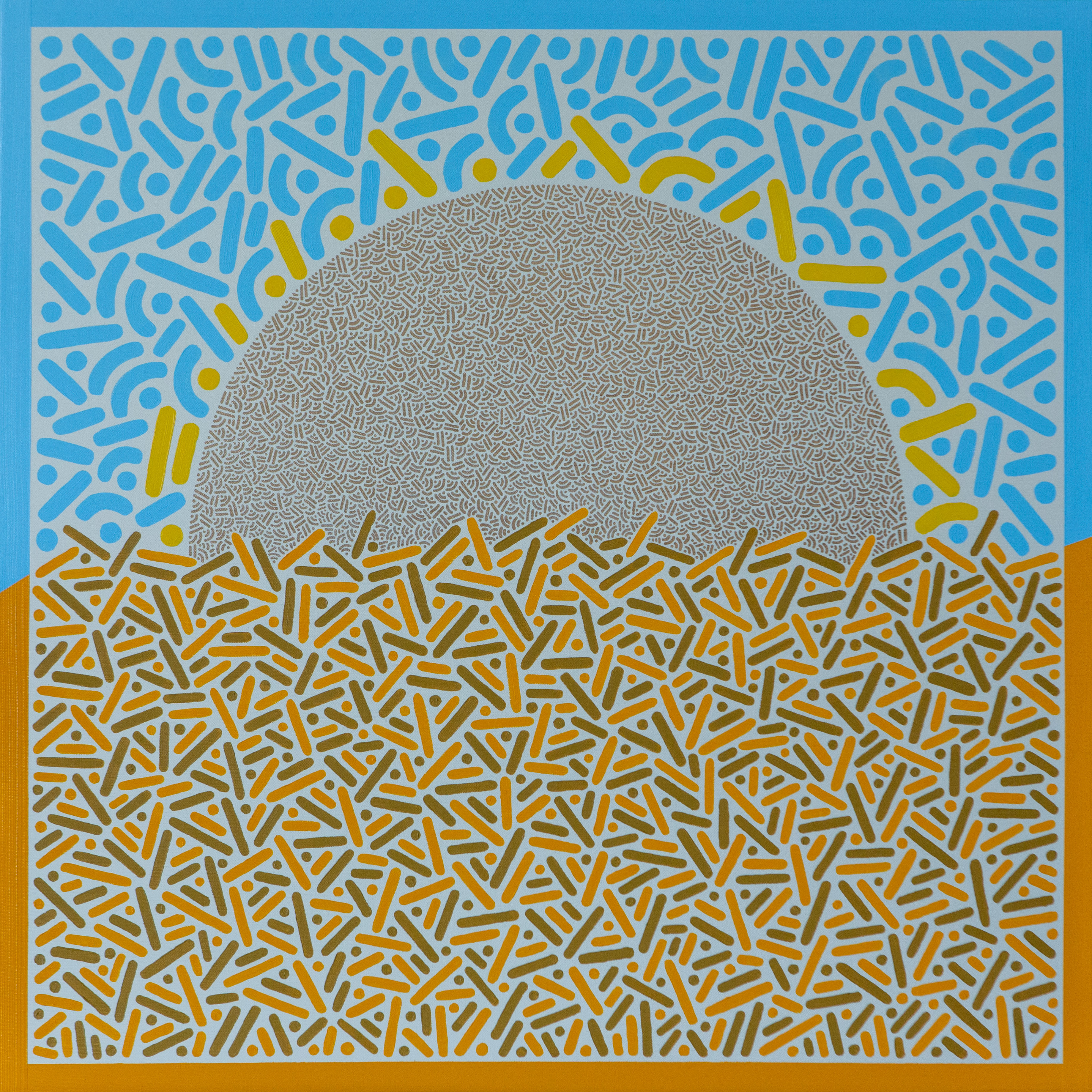 A silver-gray circular sun rises behind layers of gold and blue geometric marks.