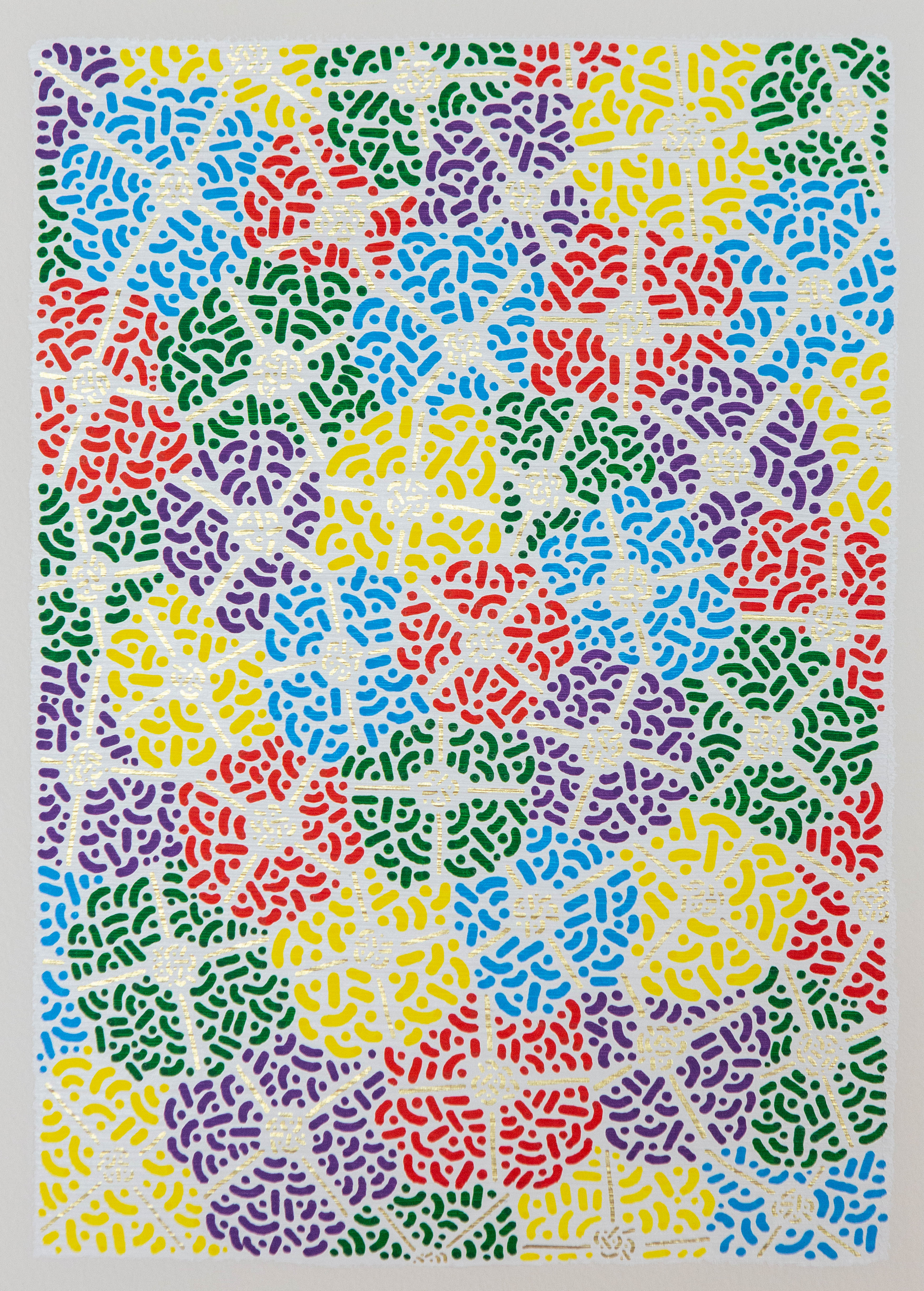 Overlapping brightly colored circles made from dots and lines fill a pale rectangular background.