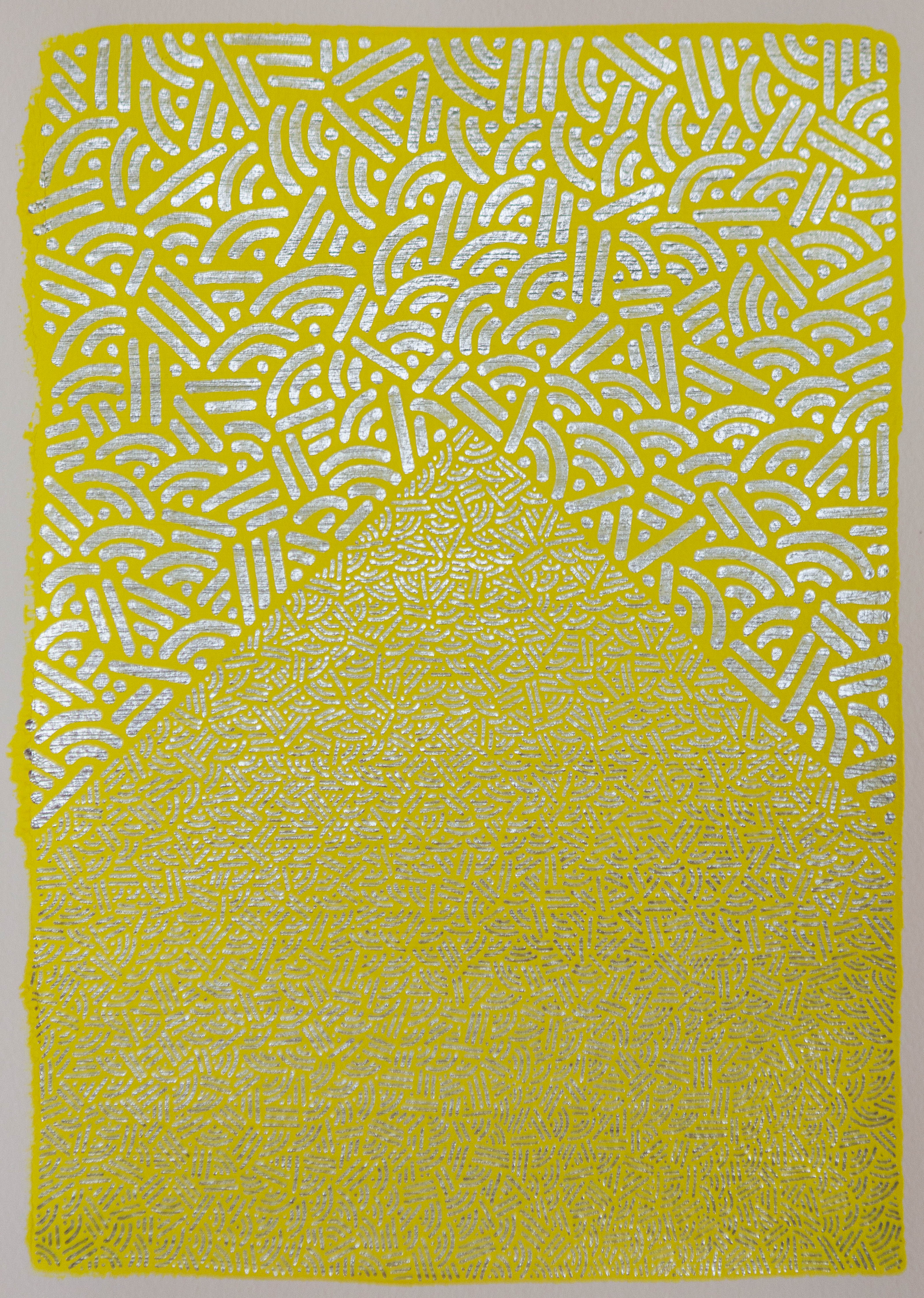 Fine pale dots and lines form an irregular flowing band over a bright yellow field.