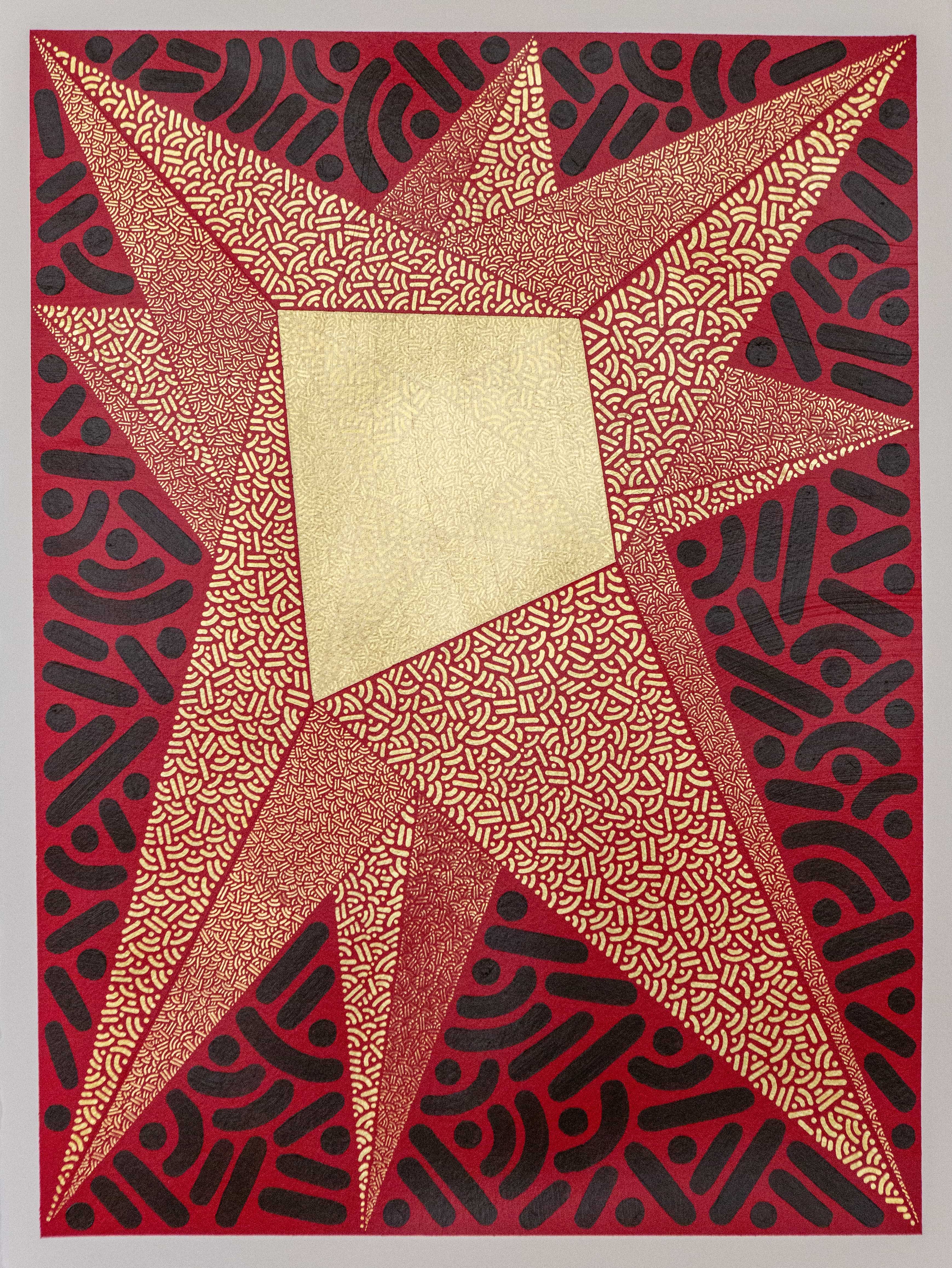 Pointed gold and copper geometric forms cross a red background filled with dark dots and curves.