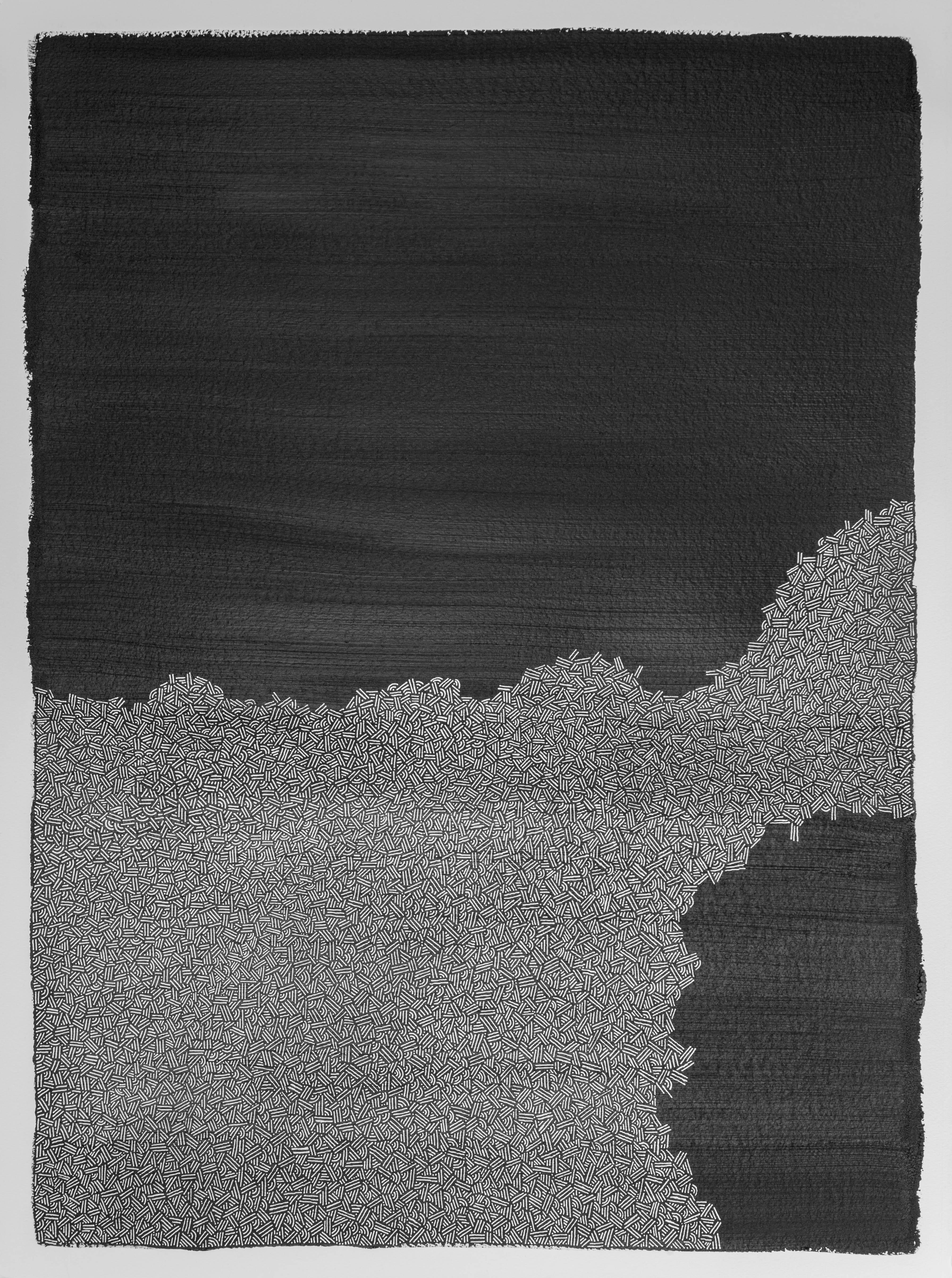 Dense silver-gray marks rise in an uneven band across the bottom of a black abstract composition.