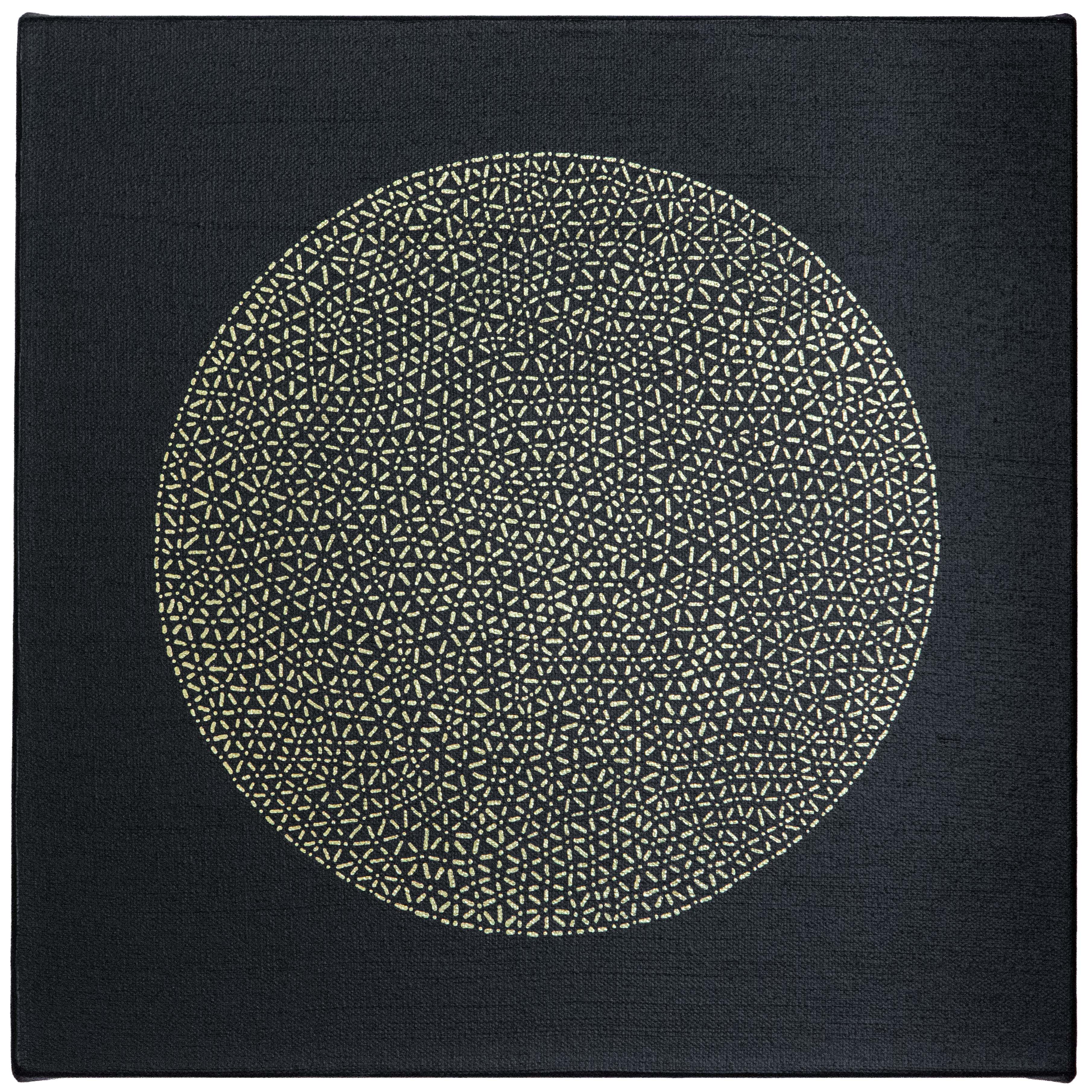 Fine pale marks form a softly edged circle on a dark square canvas.