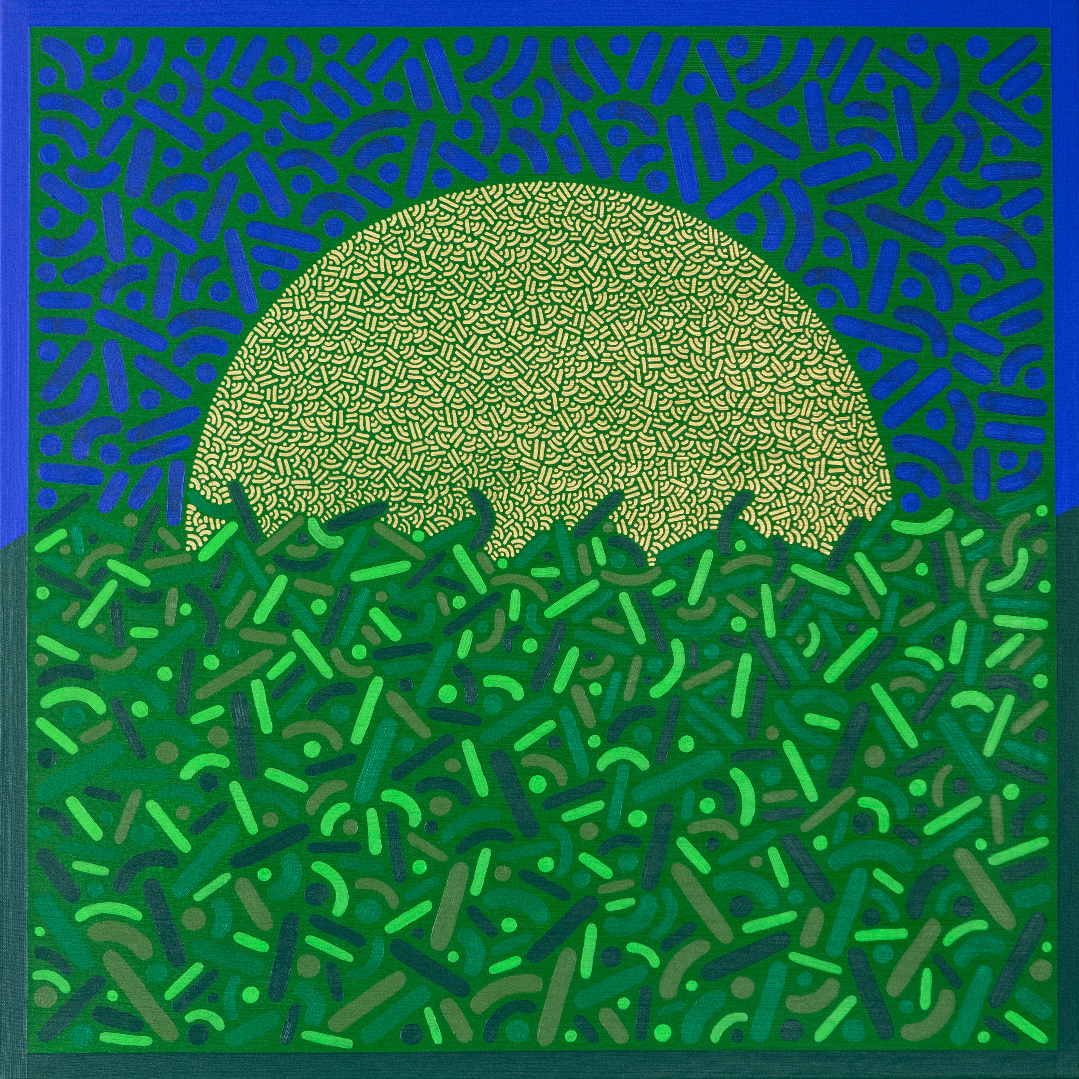 Green patterned forms overlap a pale circular sun against a blue and green background.