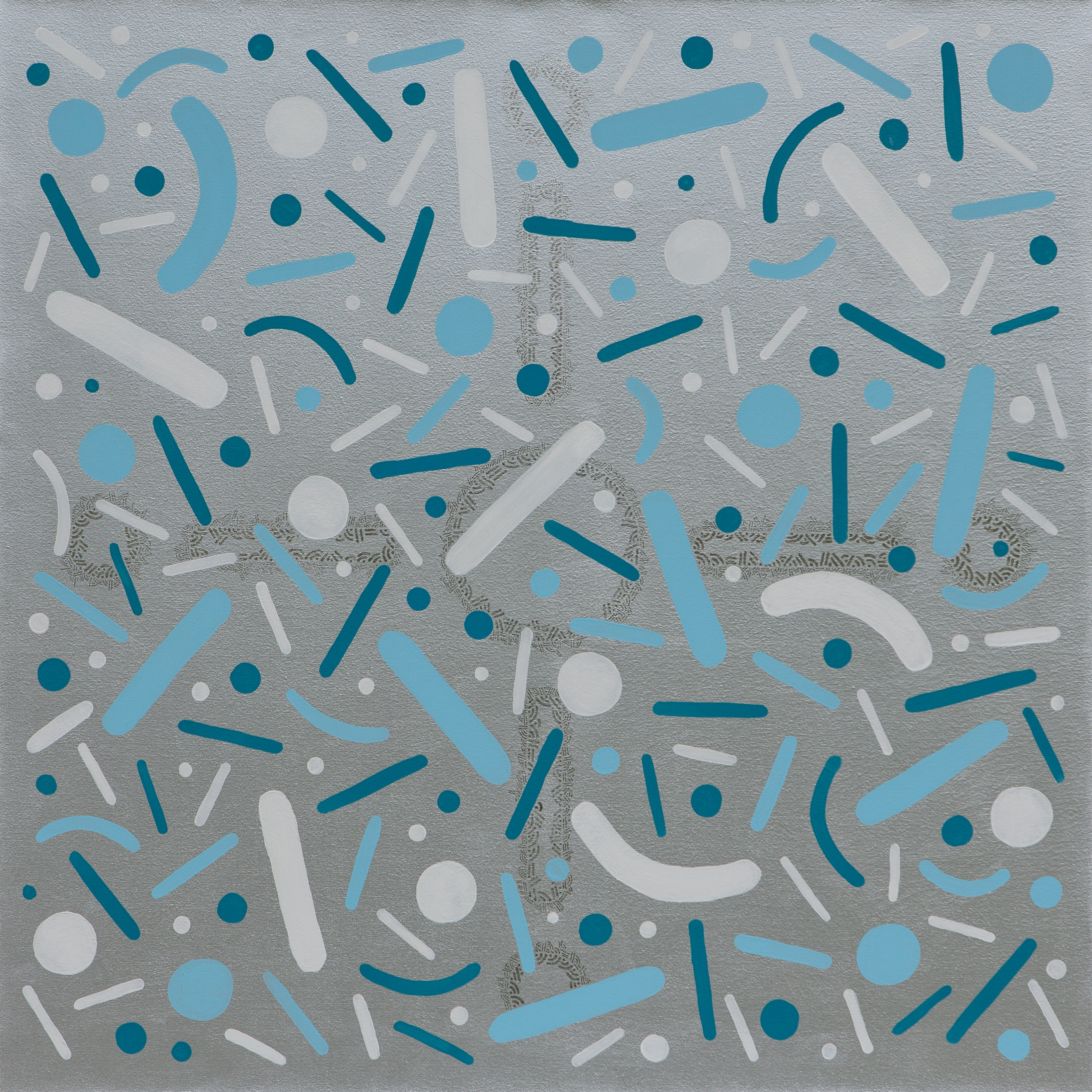 Blue and white dots, curves, and straight lines scattered across a pale-blue square.