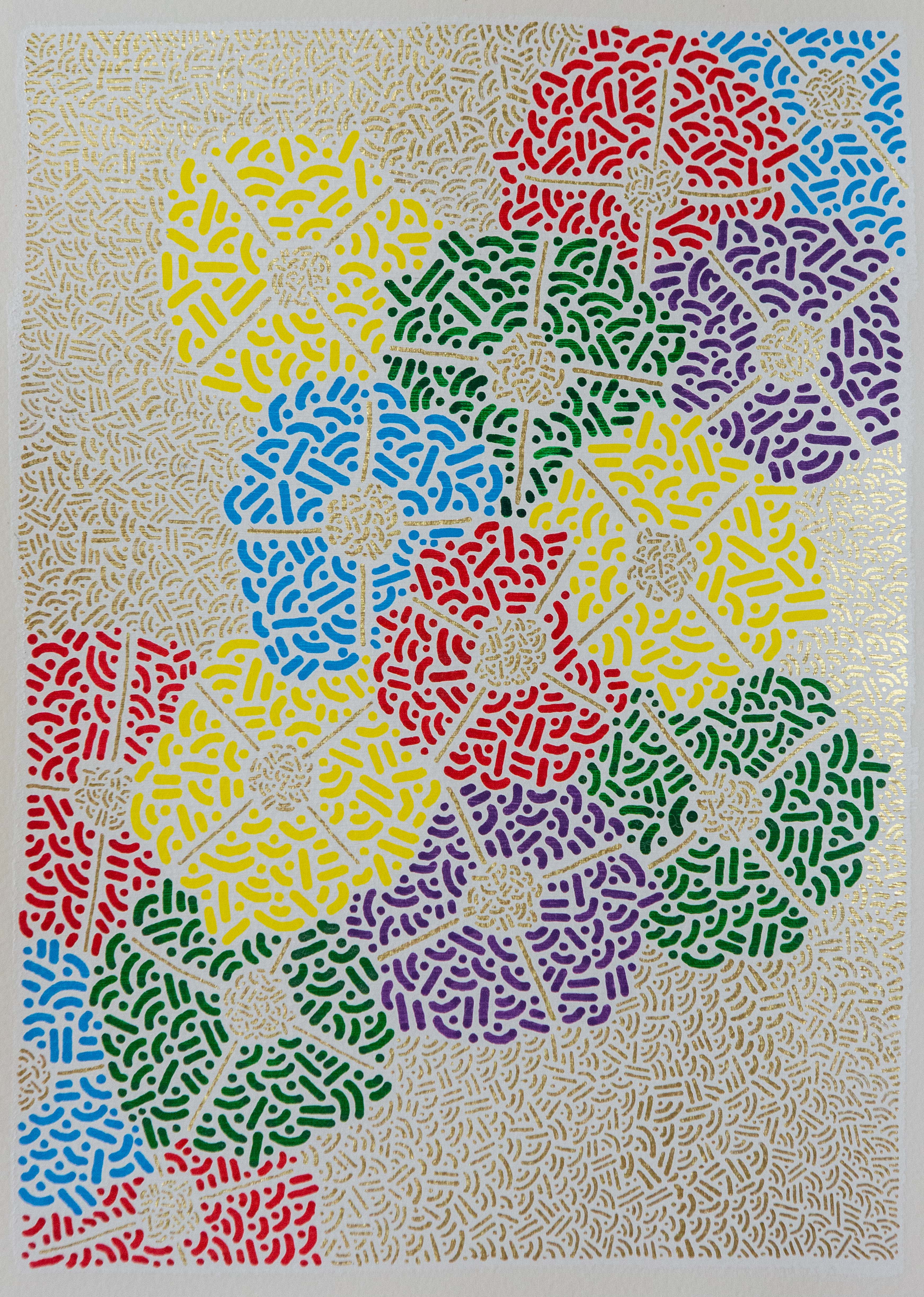 Overlapping brightly colored circles made from dots and lines fill a pale rectangular background.