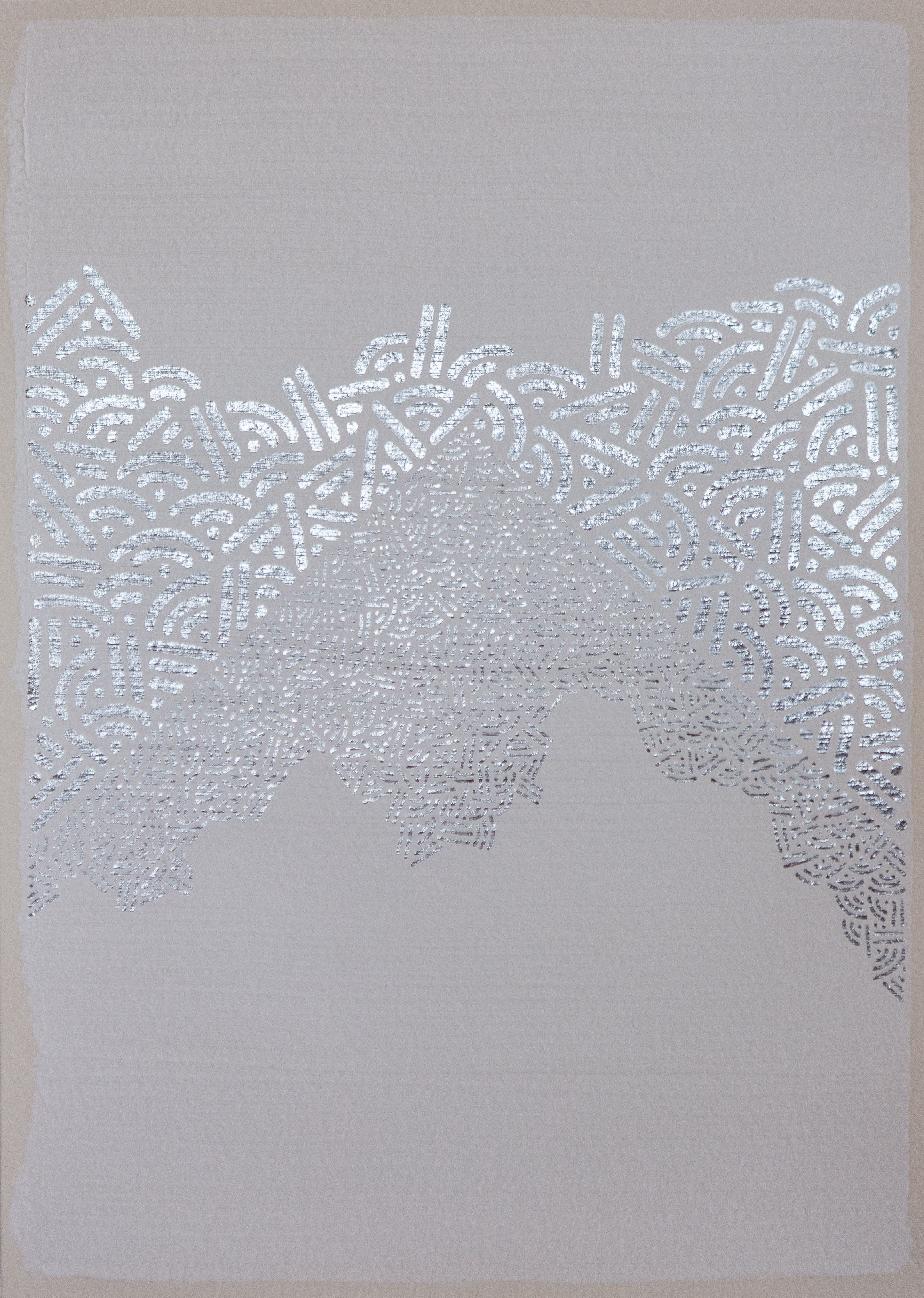 Fine white dots and lines form an irregular flowing band across a pale-gray vertical composition.