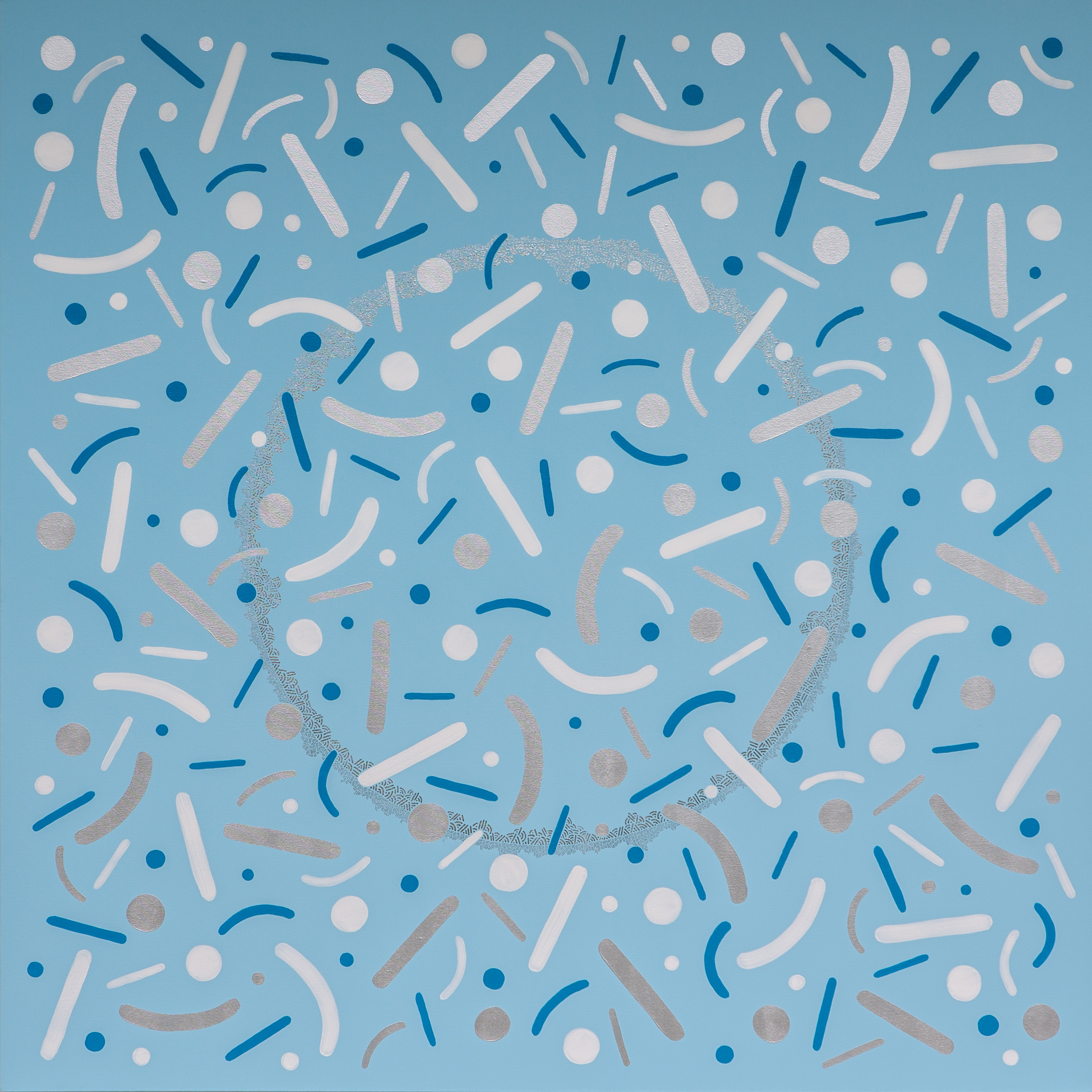 Blue and white dots, curves, and straight lines scattered across a pale-blue square.