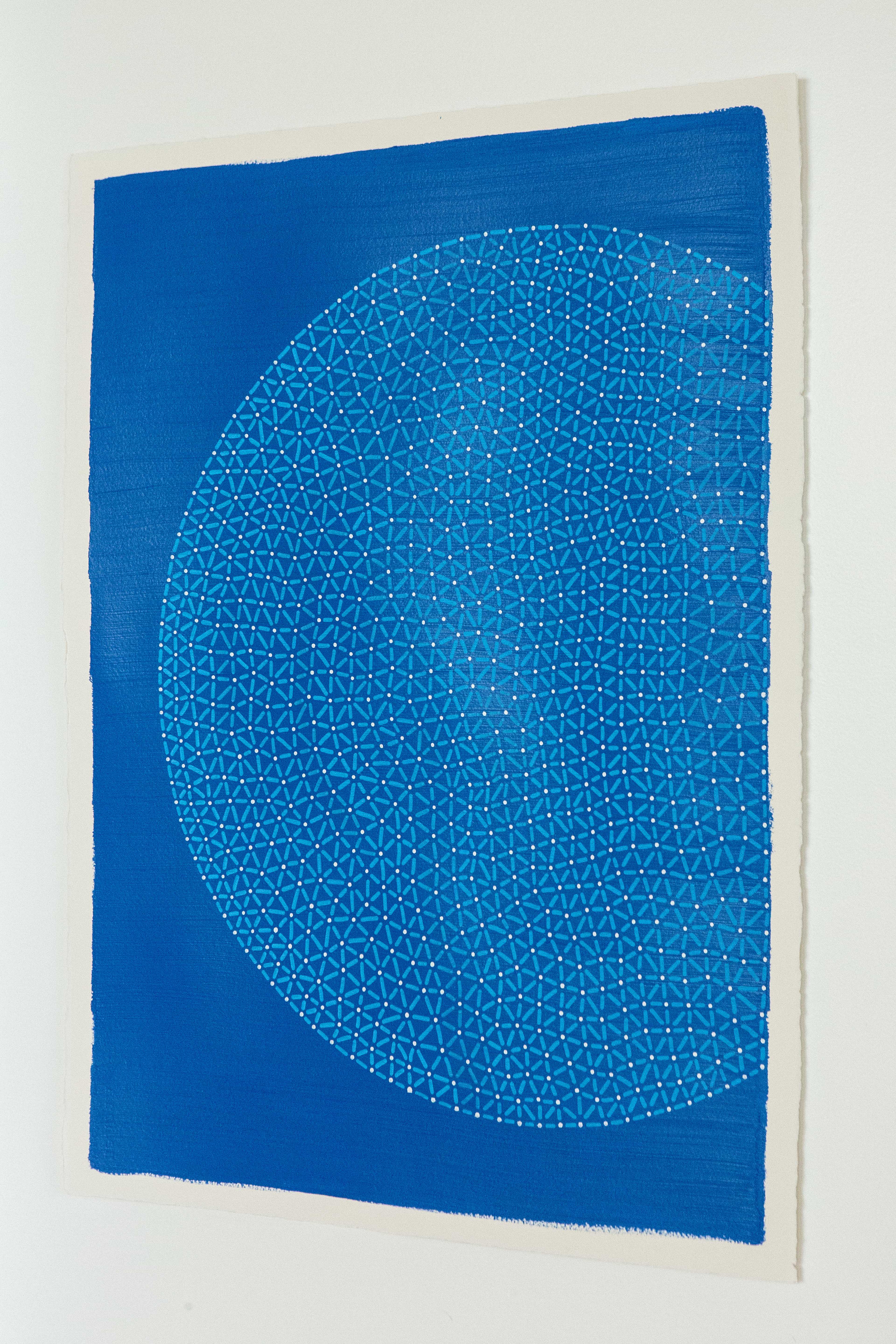 The Blue Nexus: Blue artwork with a large off-center circle of fine turquoise marks displayed on a white wall.
