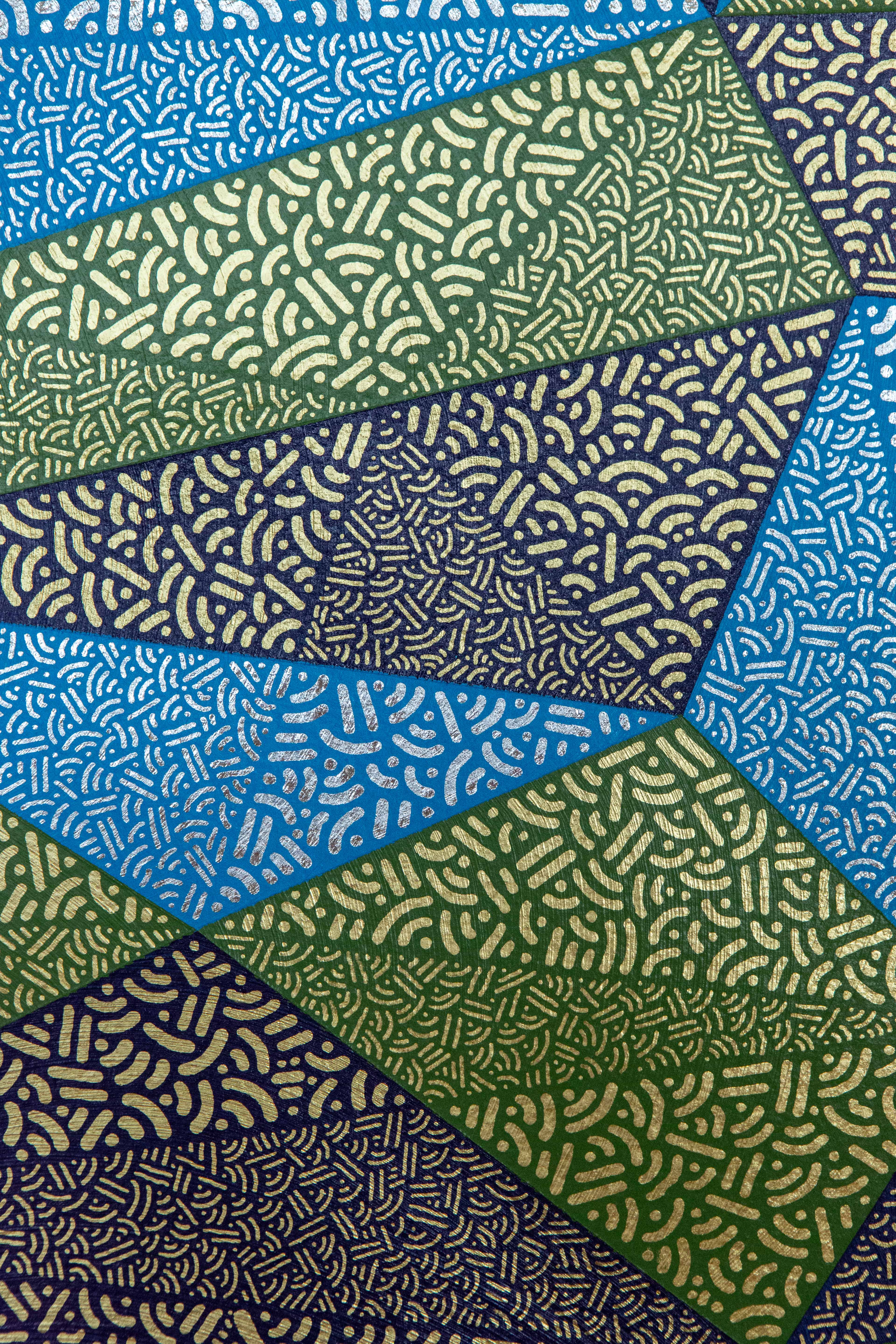 Paths: Close-up of blue, green, and gray triangular forms filled with fine dots and lines.