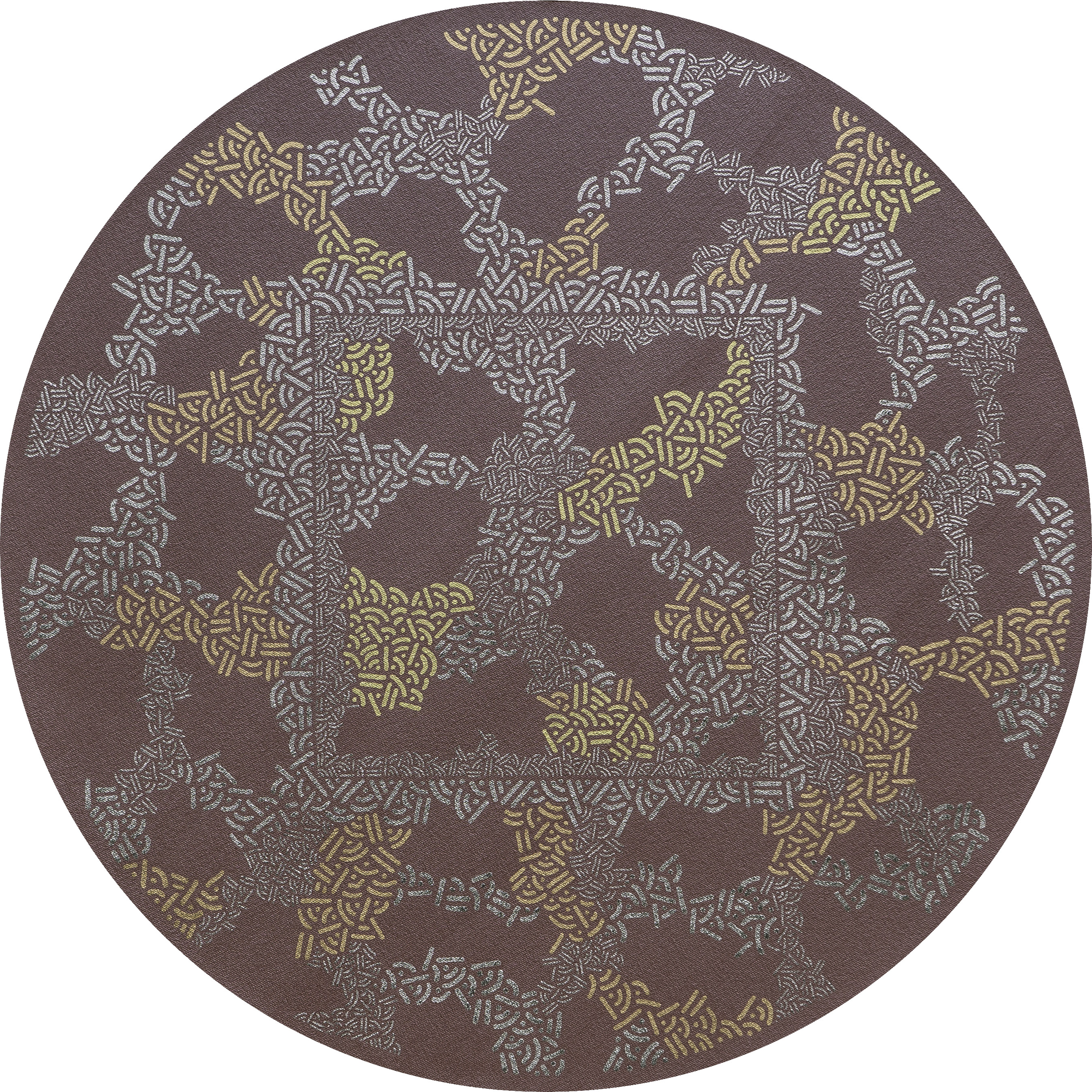 Circular abstract composition with pale and gold clusters of dots and lines on a muted brown background.