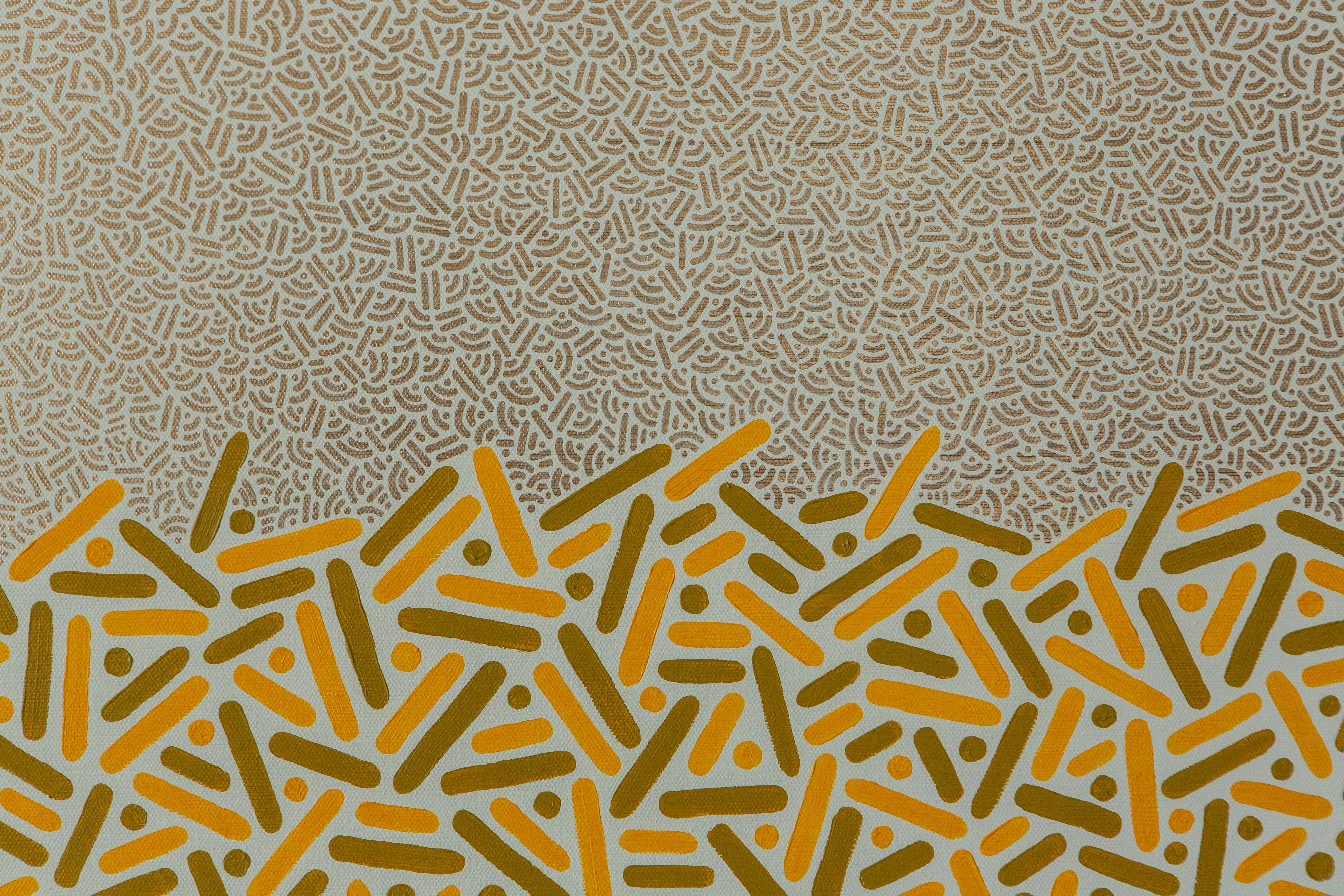 Sunlit Dunes: Detail of a silver-gray field above densely packed golden dots and straight lines.
