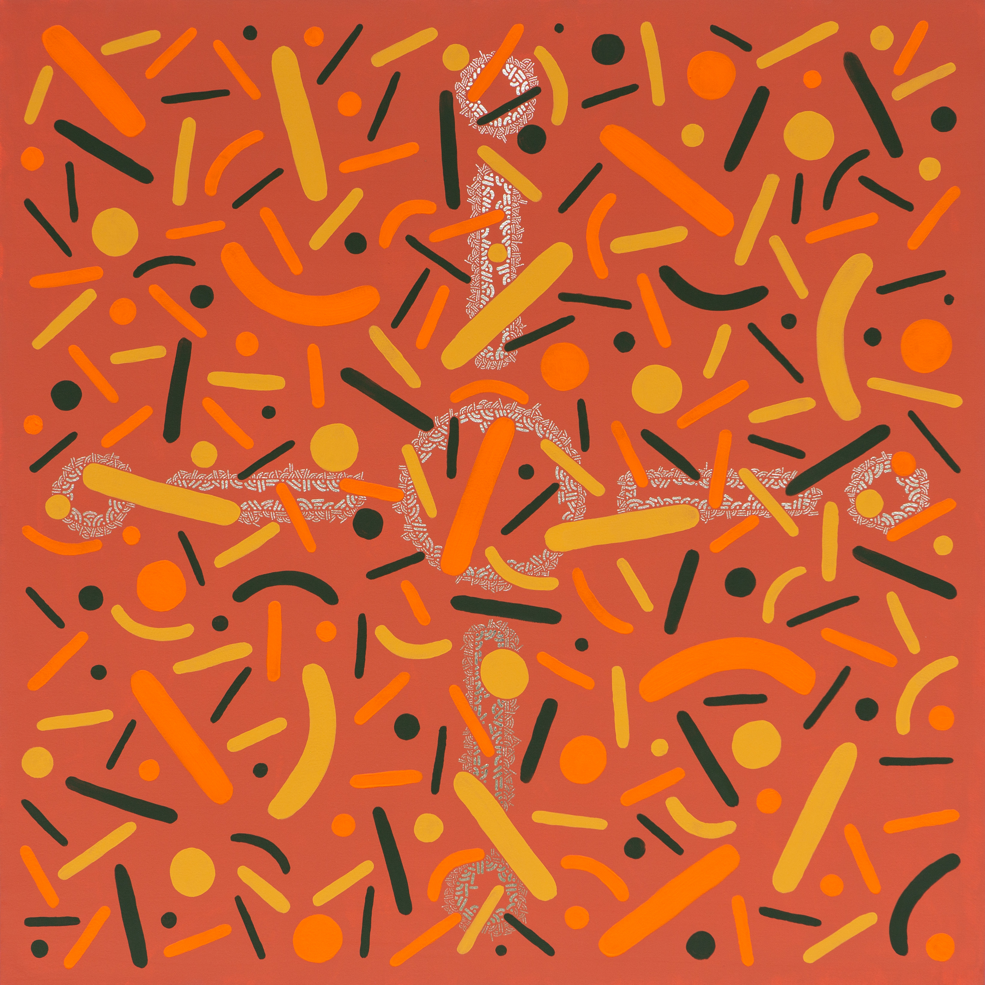 Orange, yellow, and dark dots and curves fill a vivid orange composition.