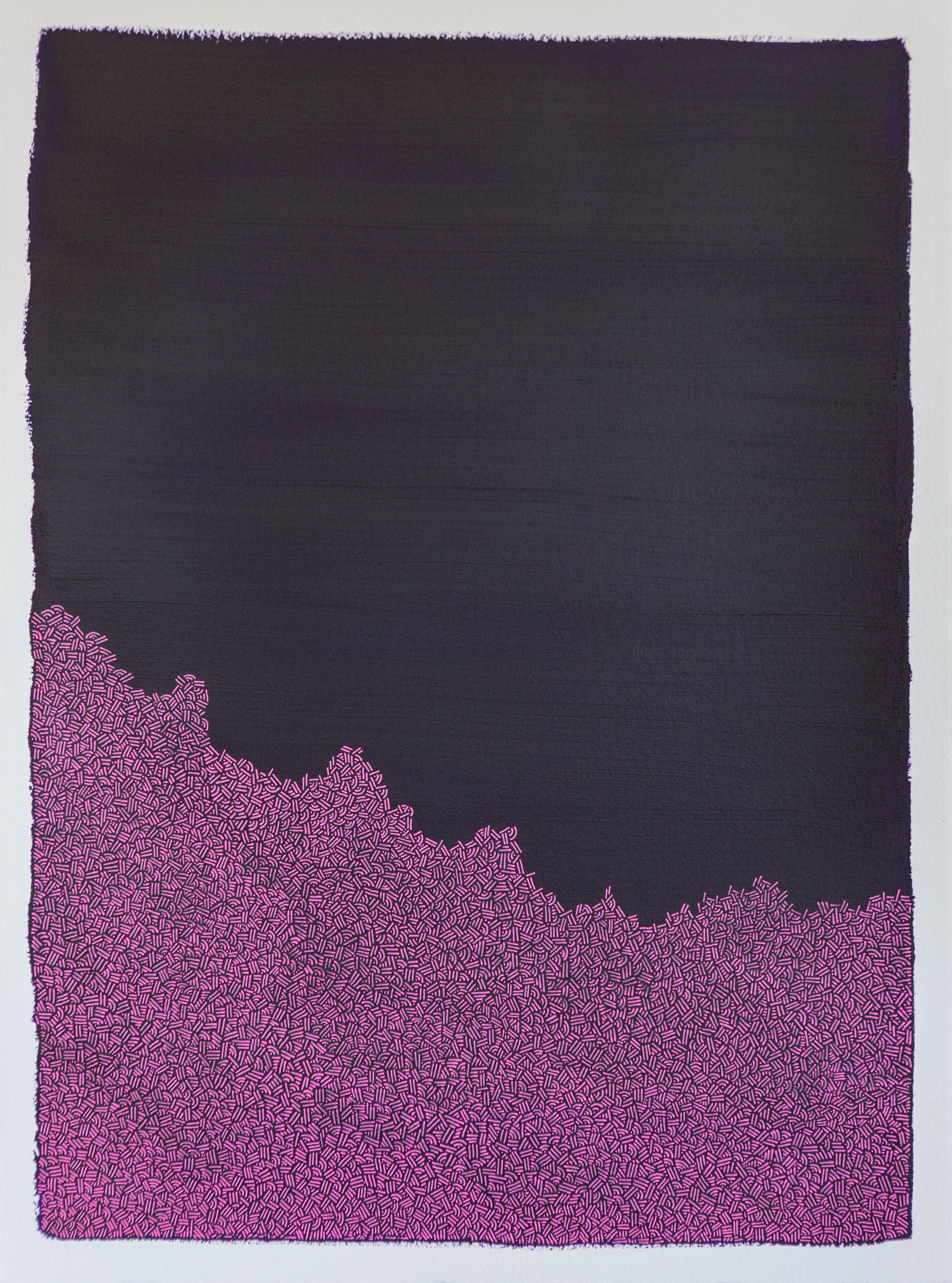 Pink dots and lines form an irregular rising edge beneath a broad dark-purple field.