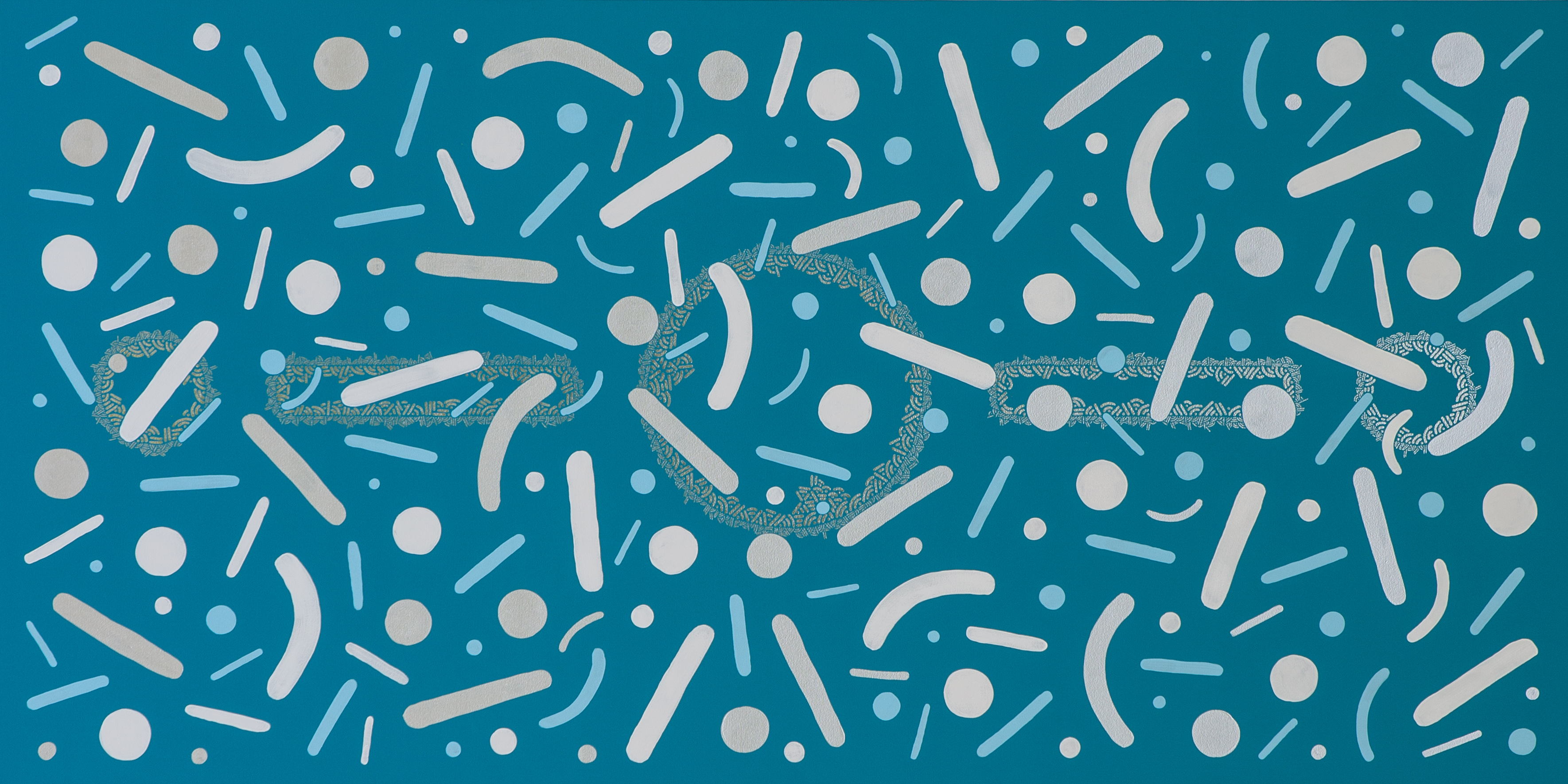 Pale dots and curves interspersed with dark marks on a turquoise horizontal background.