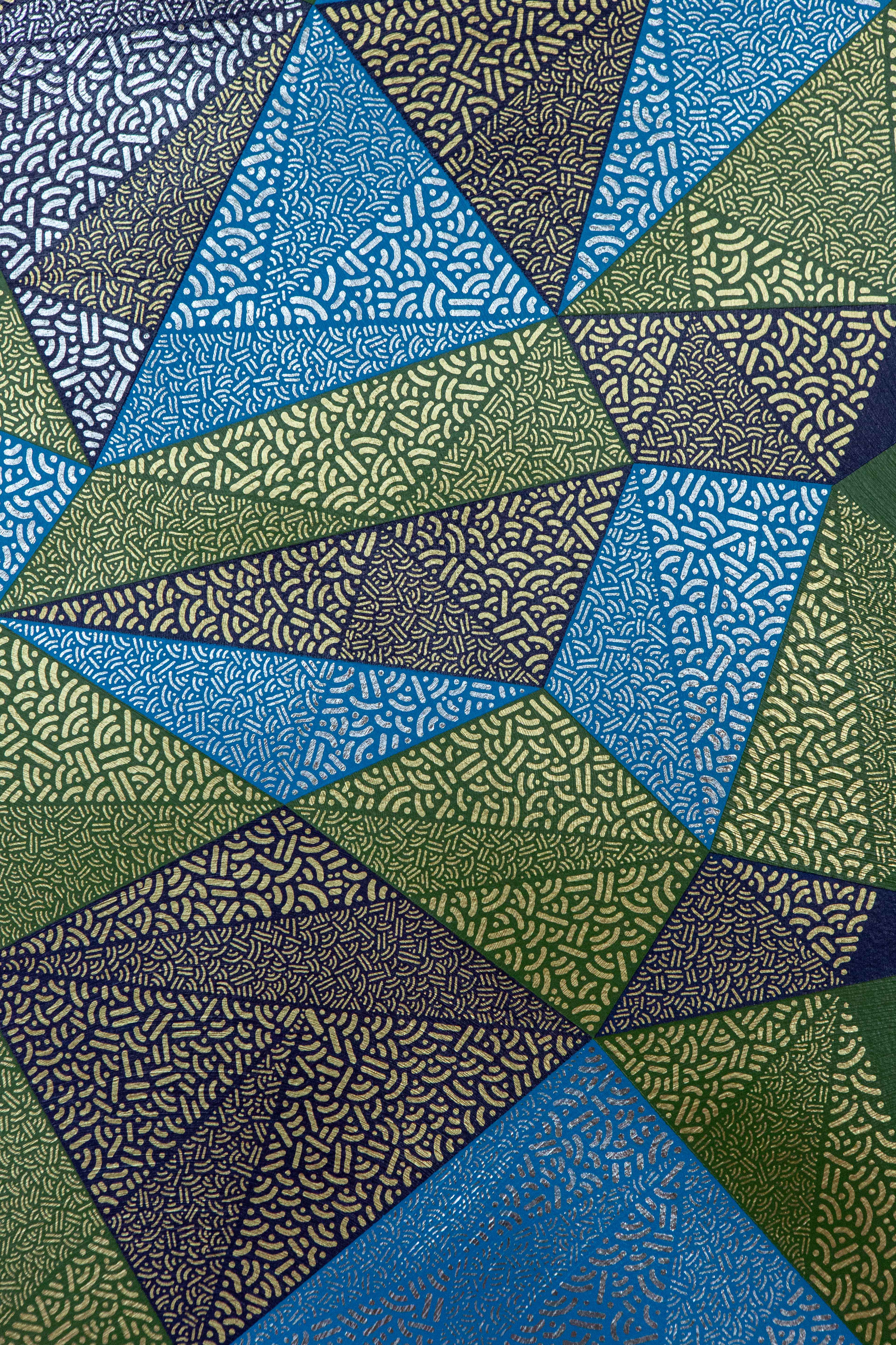 Paths: Close-up of blue, green, and gray triangular forms filled with fine dots and lines.