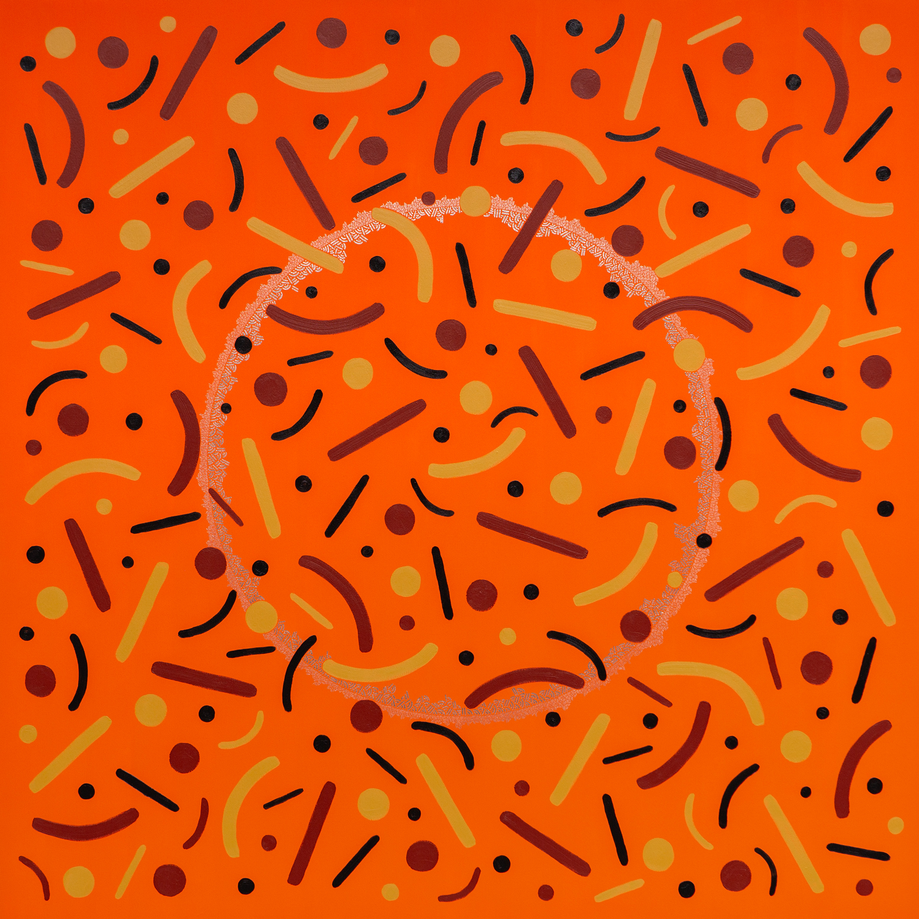 Orange, yellow, and dark dots and curves fill a vivid orange composition.