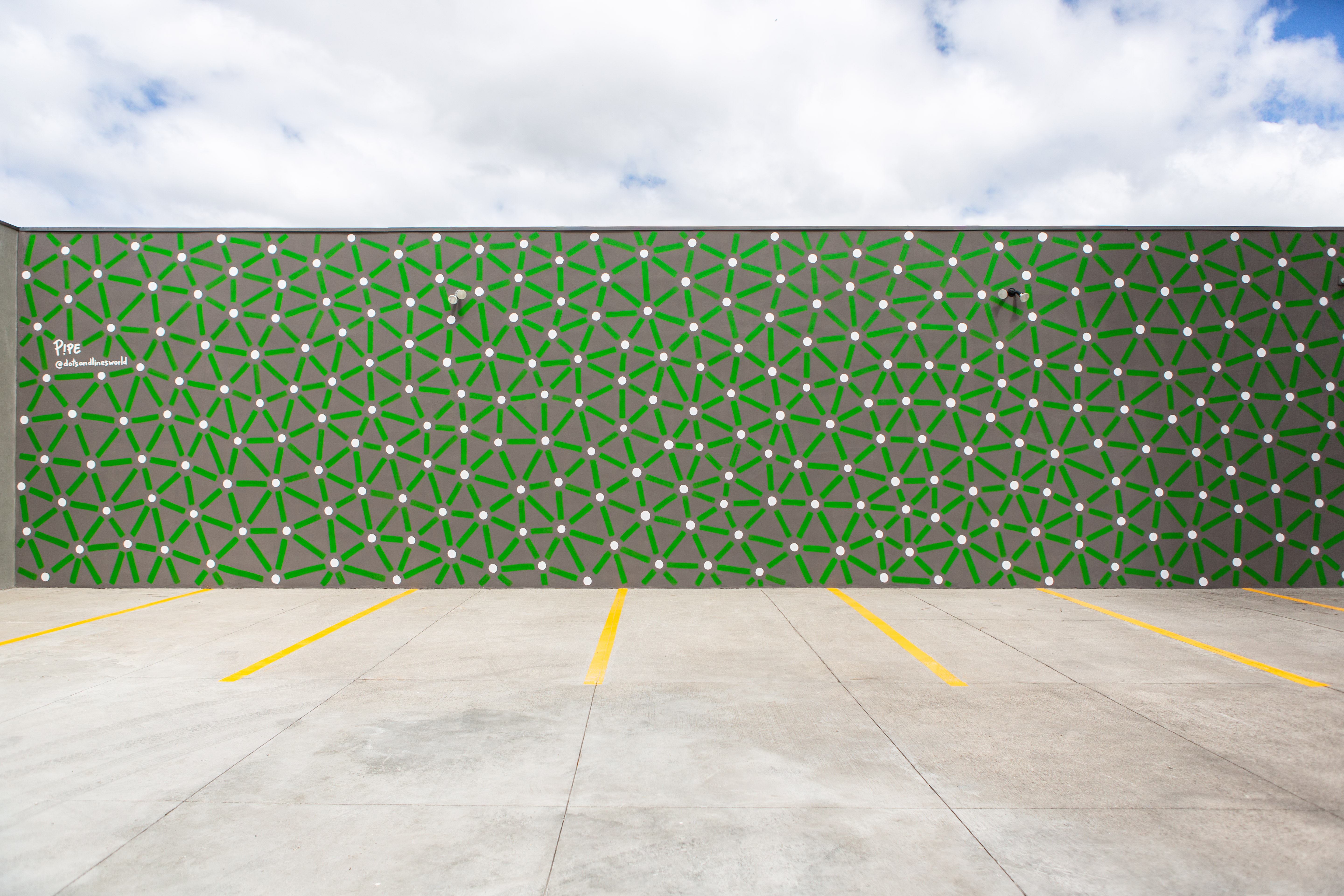Roots: Green connecting lines and pale dots cover a long gray courtyard wall in sunlight.