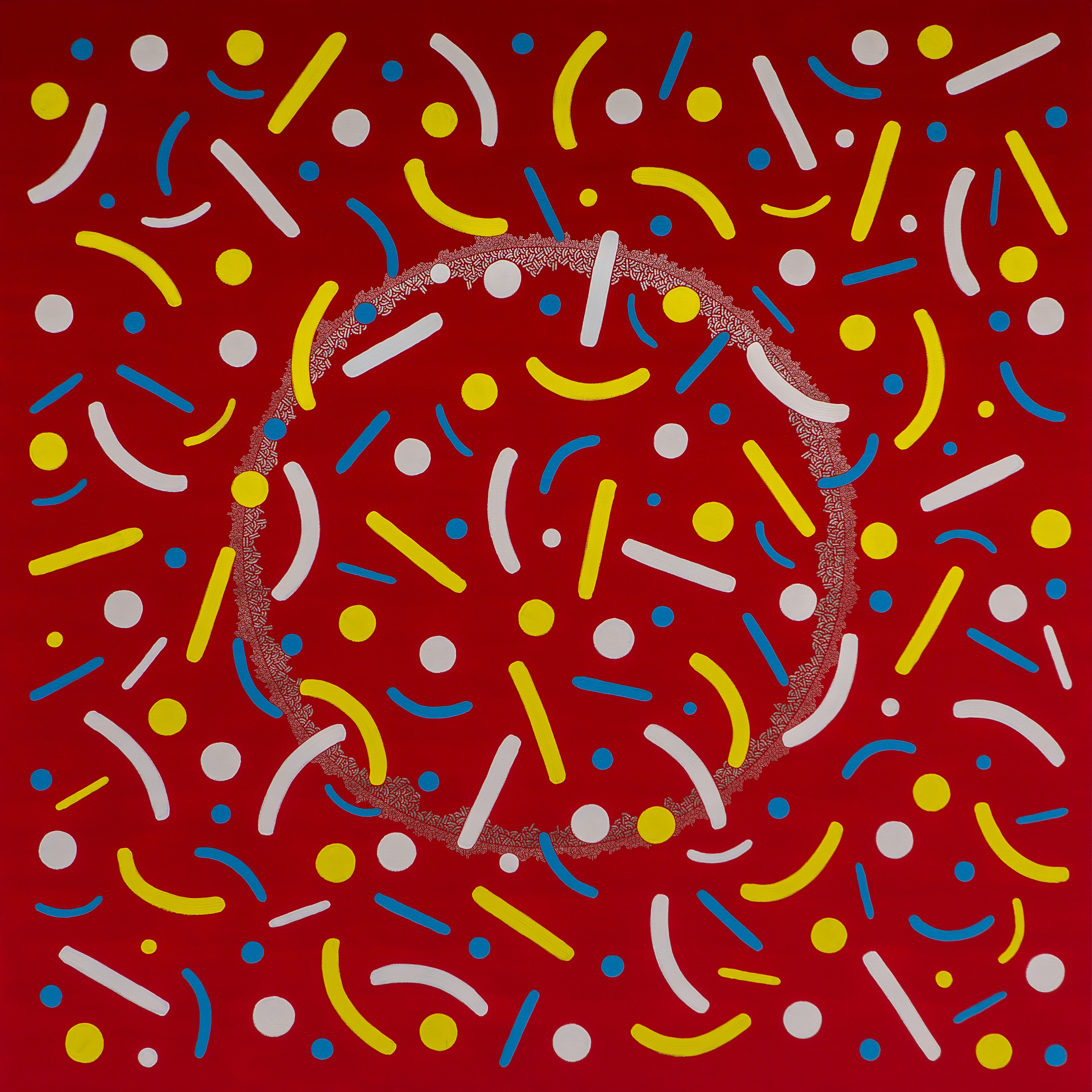 Yellow, blue, and pale dots and curves surround a circular motif on a red background.