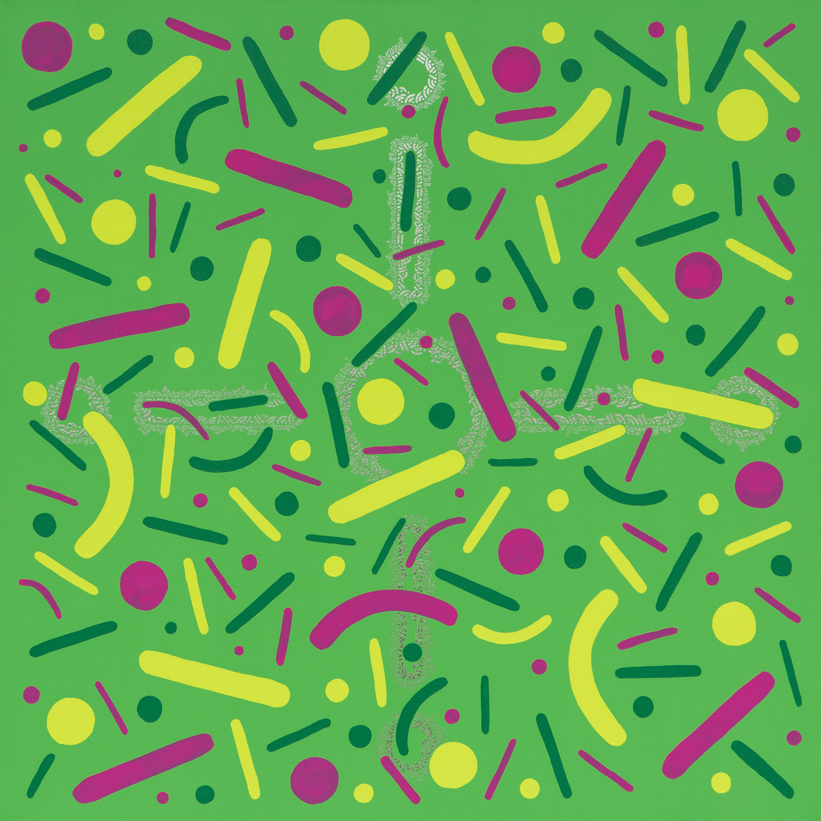 Yellow, pink, and dark dots and curves scattered across a green horizontal background.