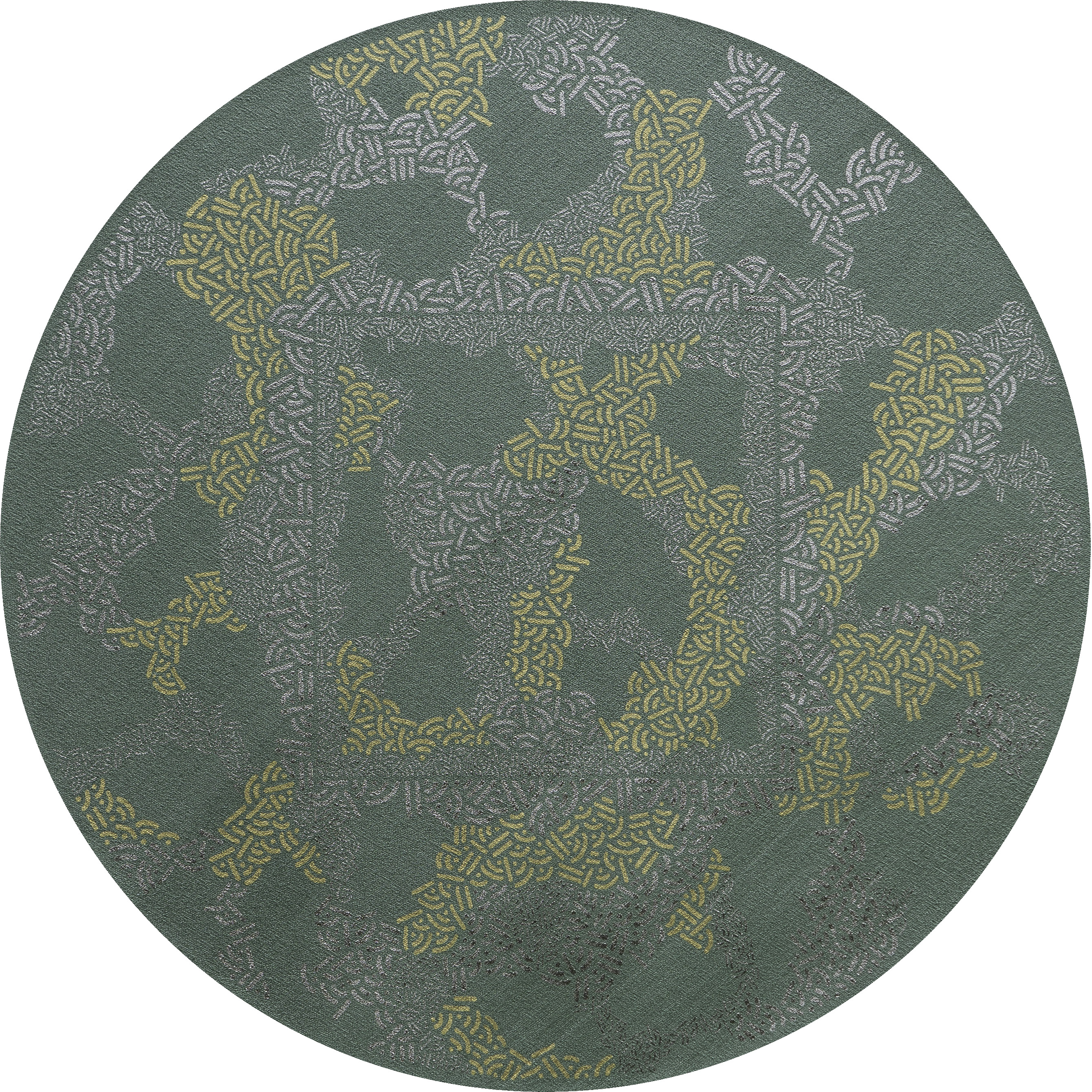 Circular abstract composition with pale and gold geometric clusters on a muted green background.