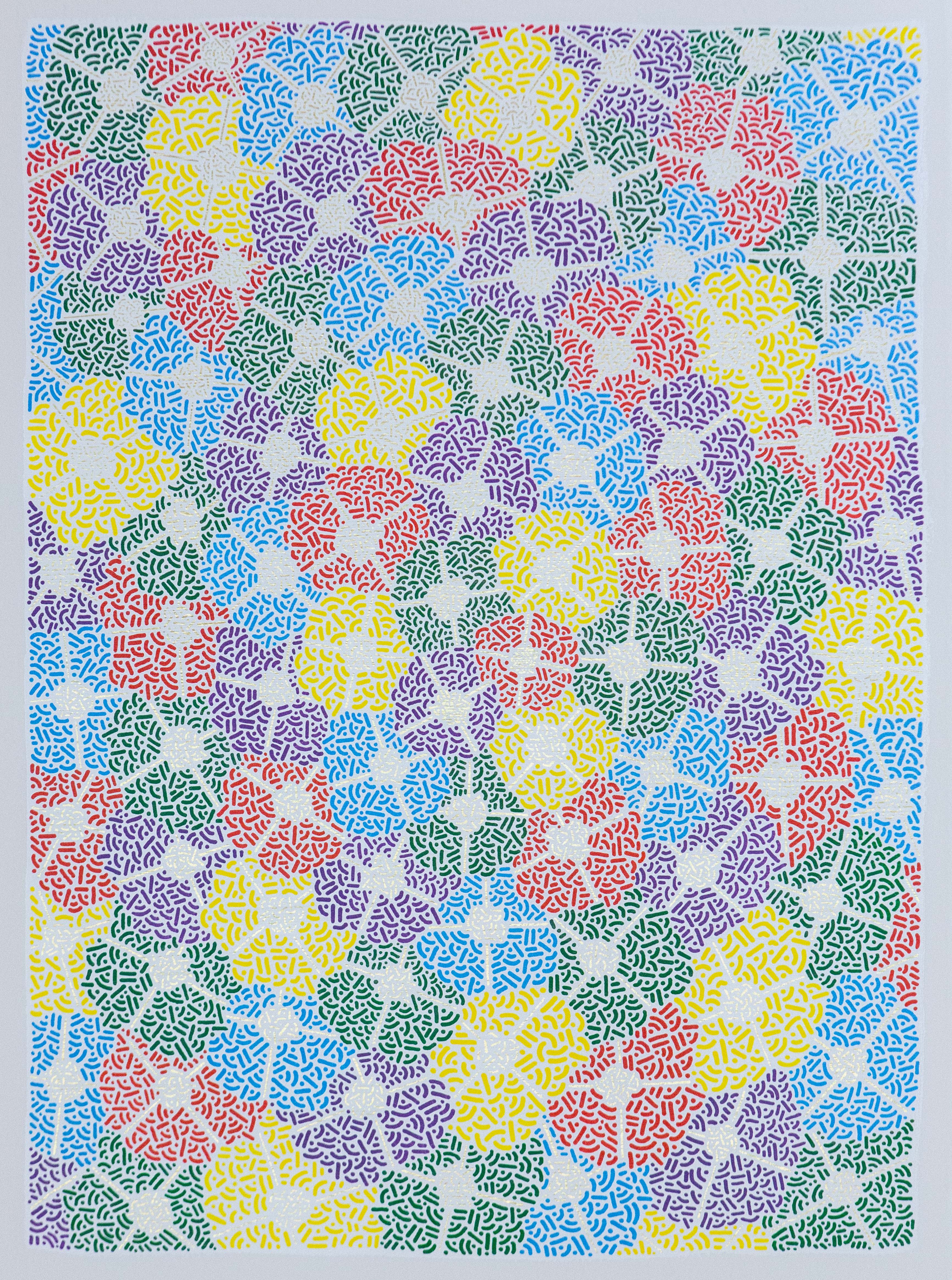 Overlapping pastel circles and clusters of fine dots and lines fill a colorful rectangular composition.