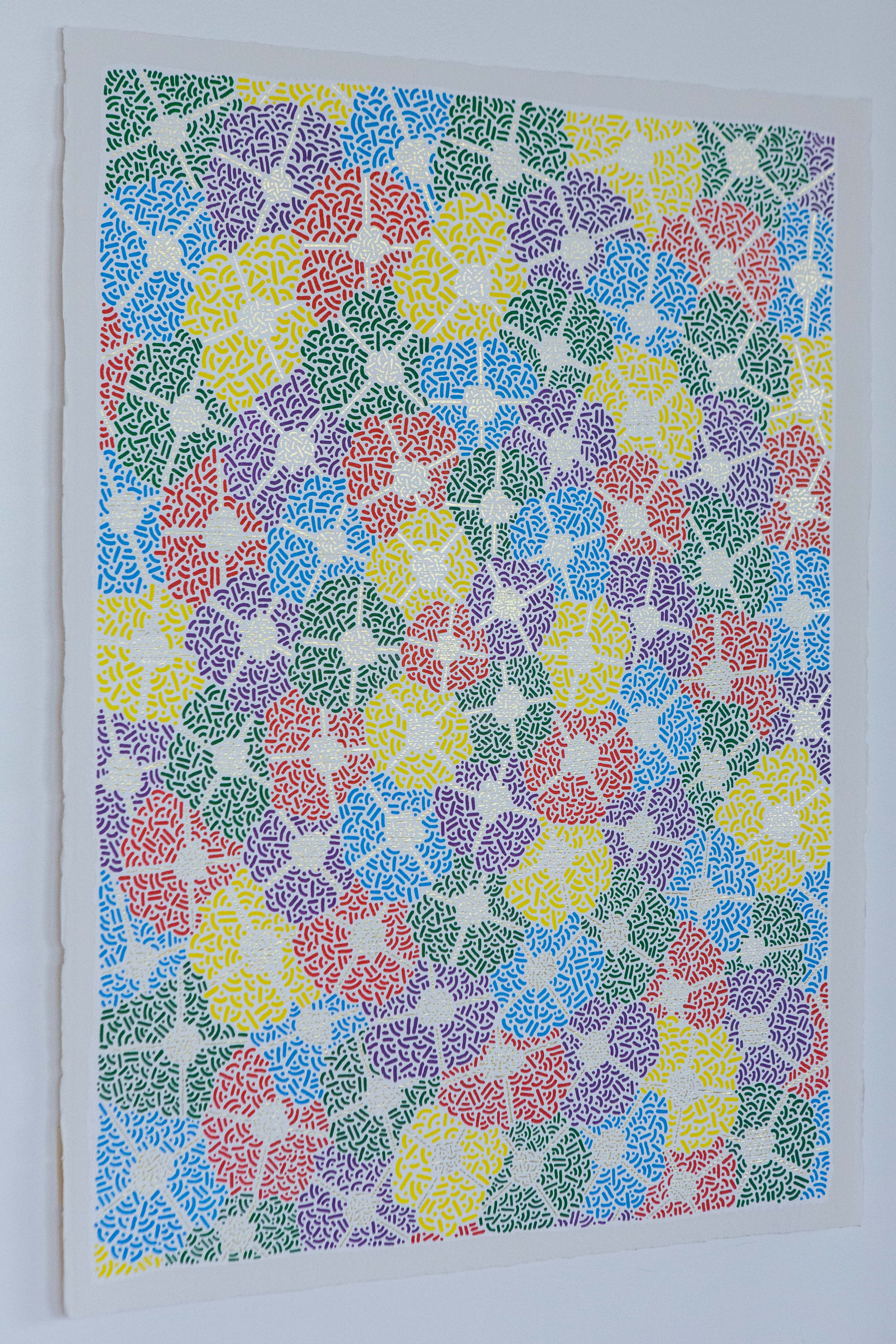Spring Fest: Colorful artwork of overlapping patterned circles displayed on a white wall.