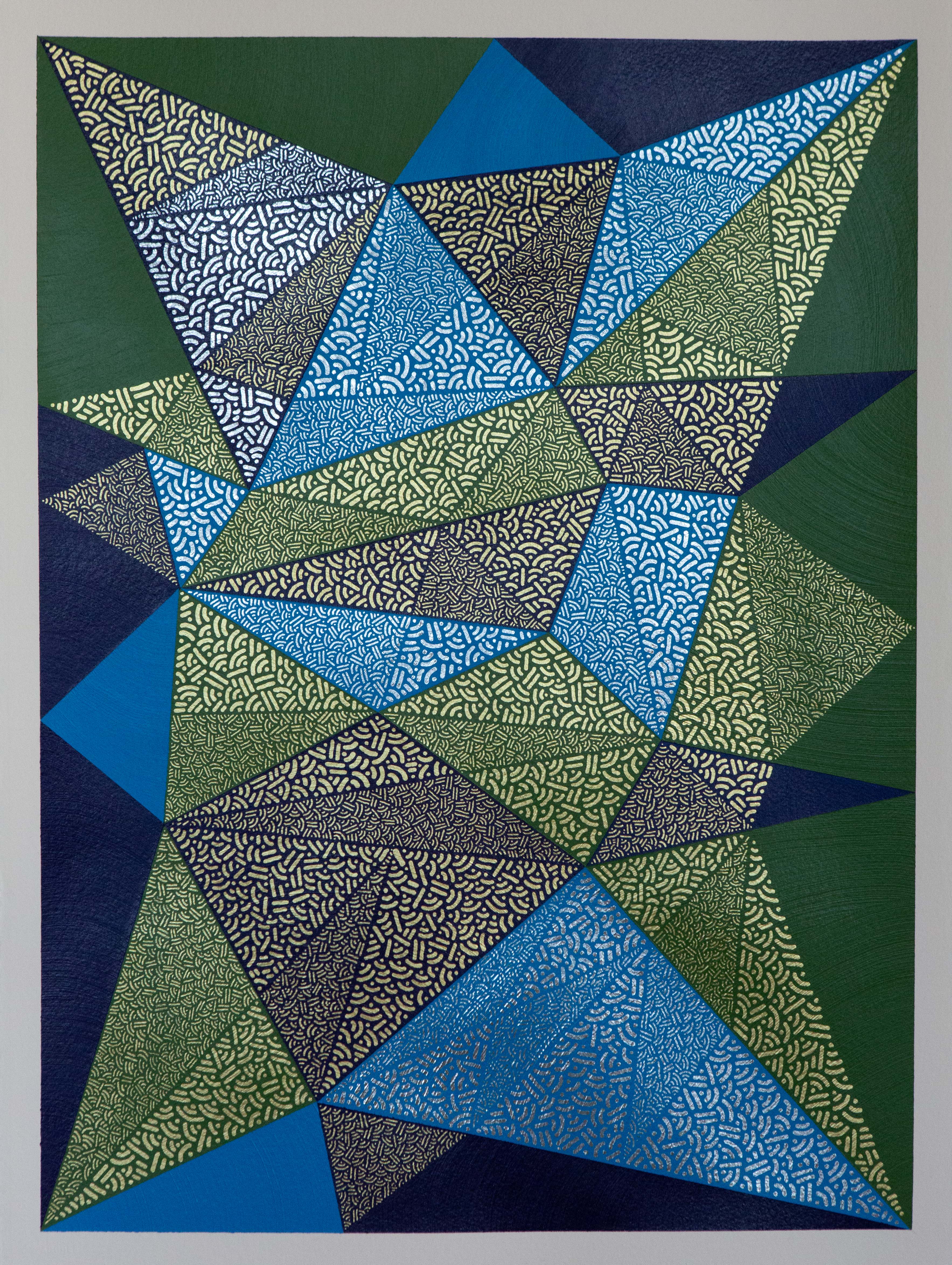 Angular blue, green, and gray triangles filled with small dots and lines form a geometric composition.