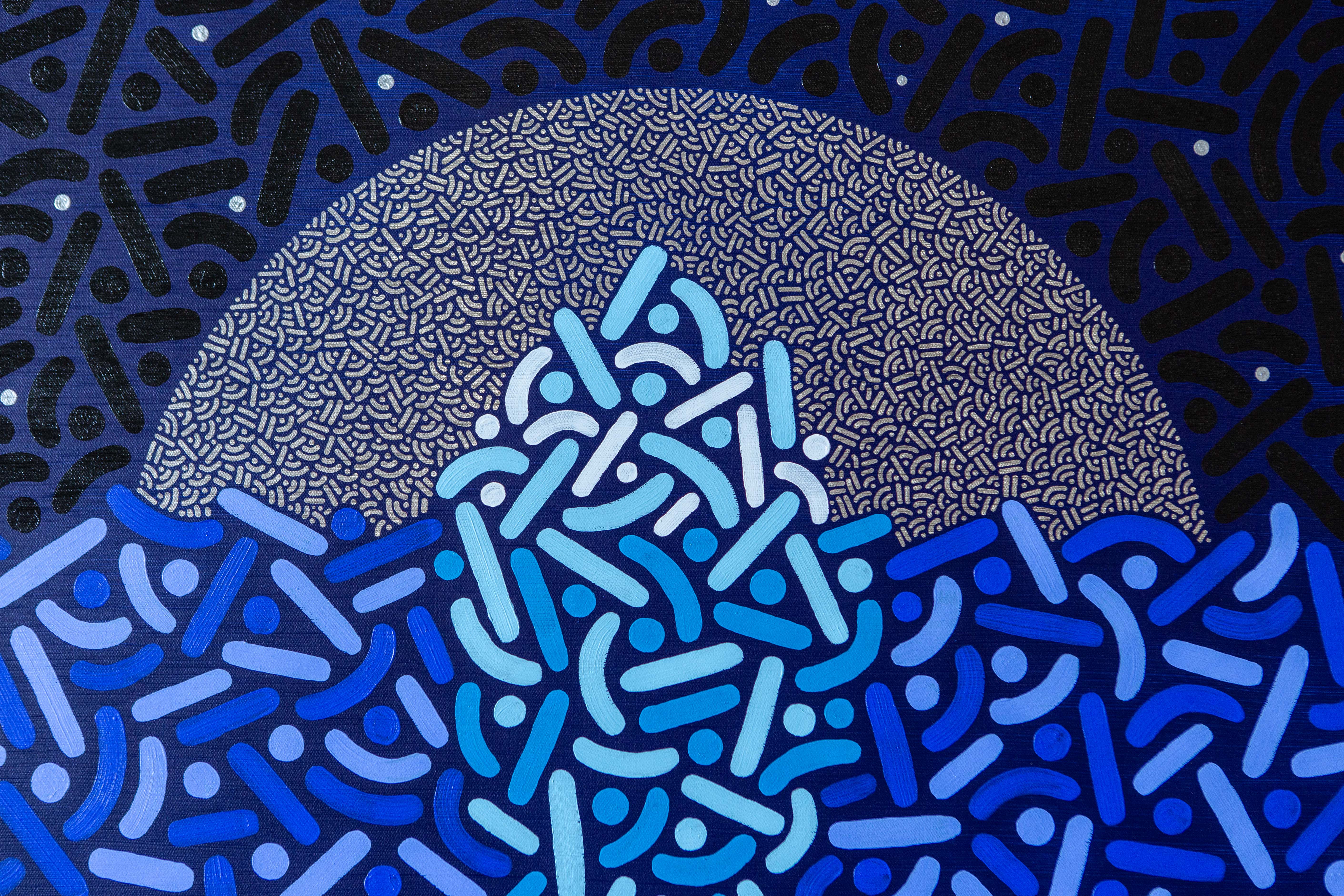 Moonlit Iceberg: Detail of a pale circular moon behind blue and turquoise patterned forms.