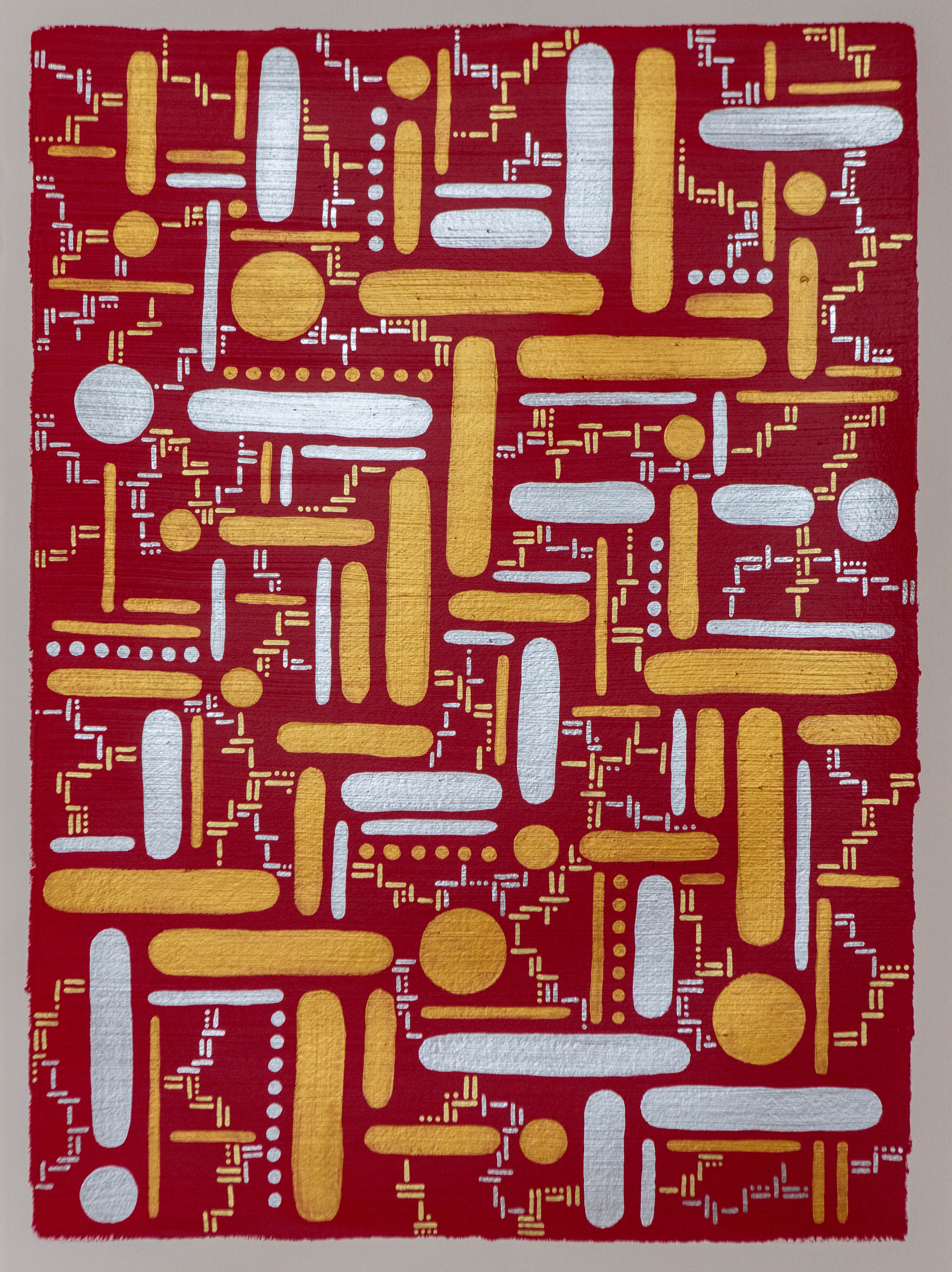 Yellow and white dots and straight lines form a dense geometric grid on a red background.