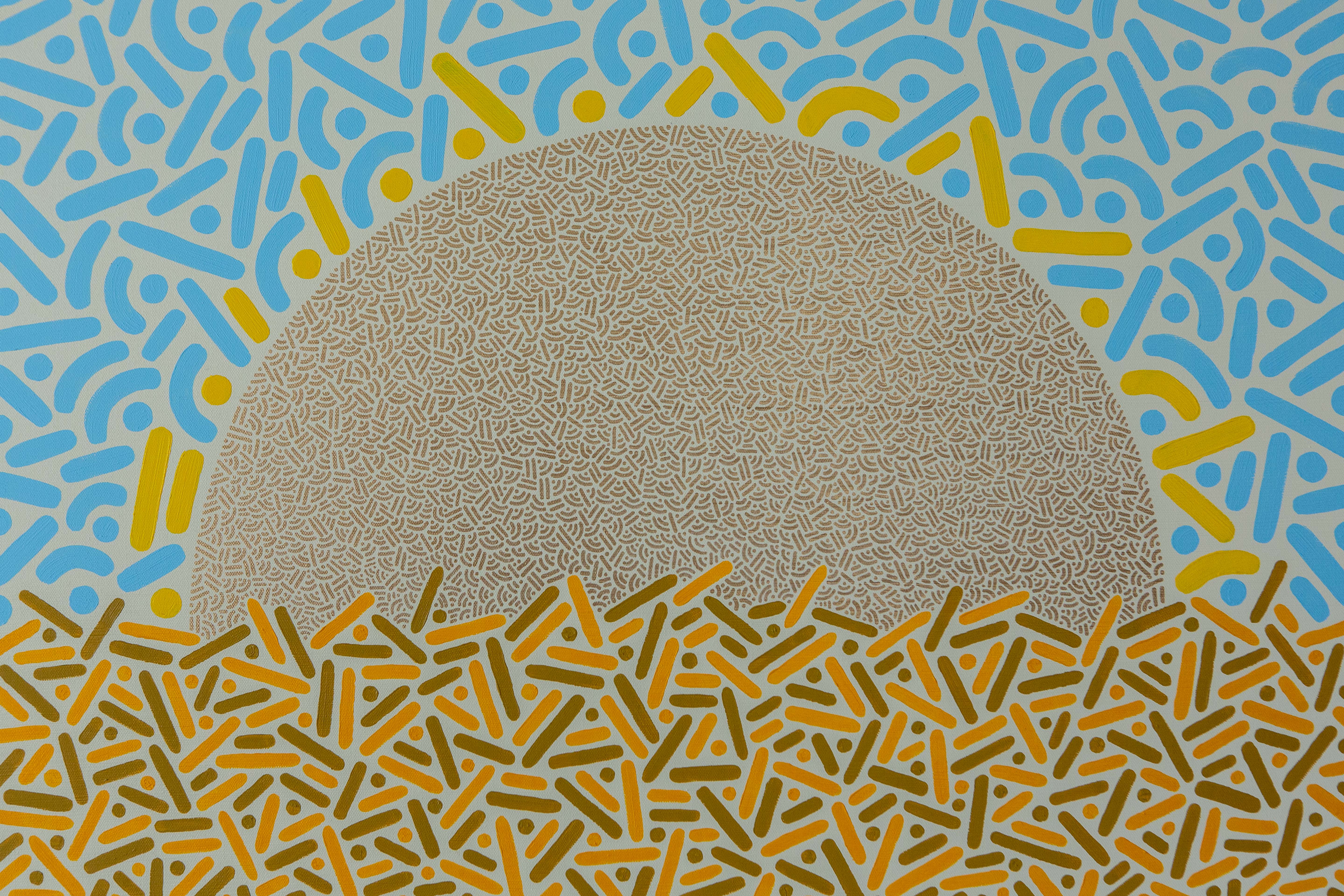 Sunlit Dunes: Circular silver-gray sun behind golden patterned forms against a blue sky-like background.