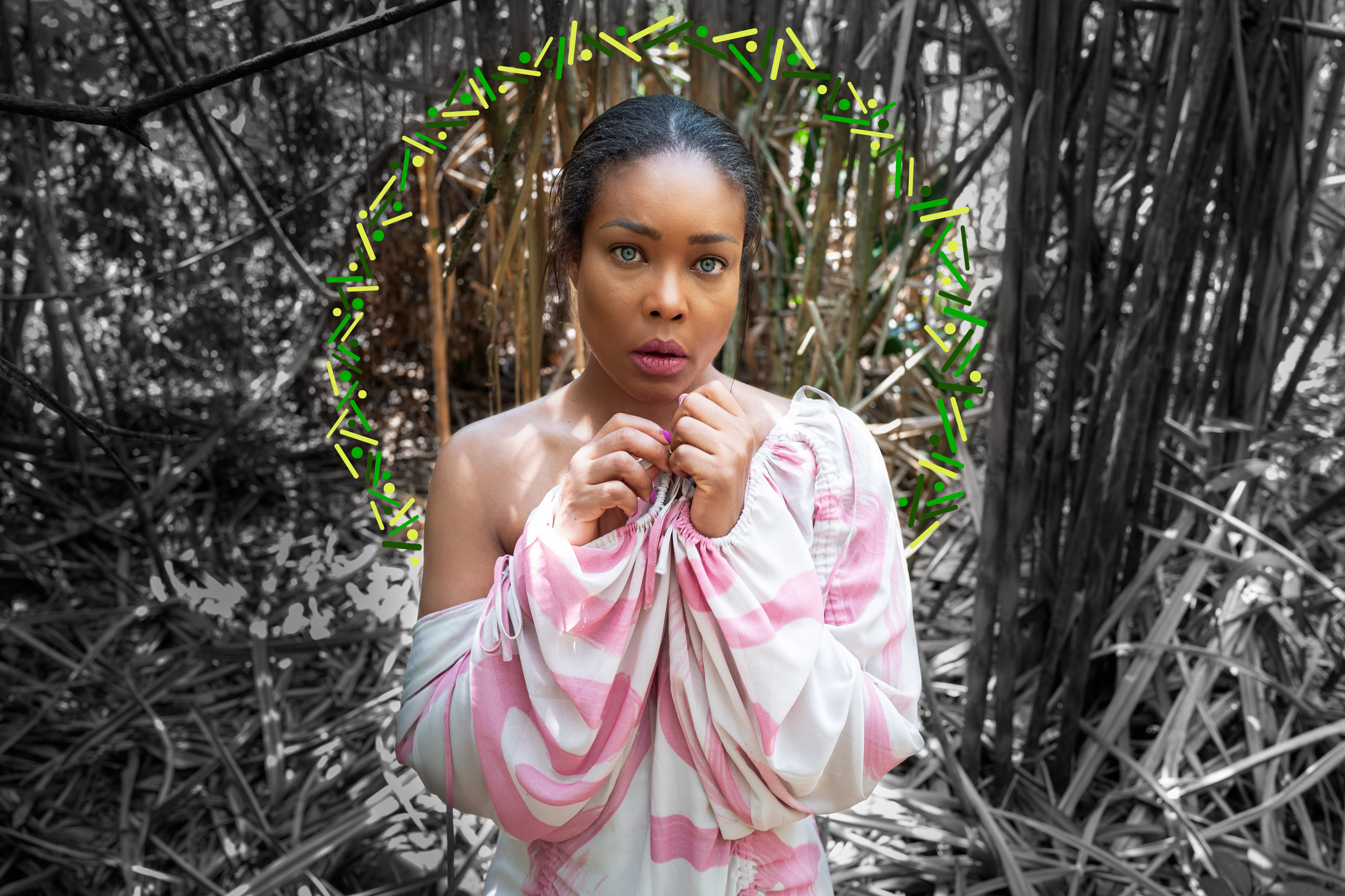 Woman in pink fabric stands among mostly black-and-white trees, encircled by green and yellow dots and lines.