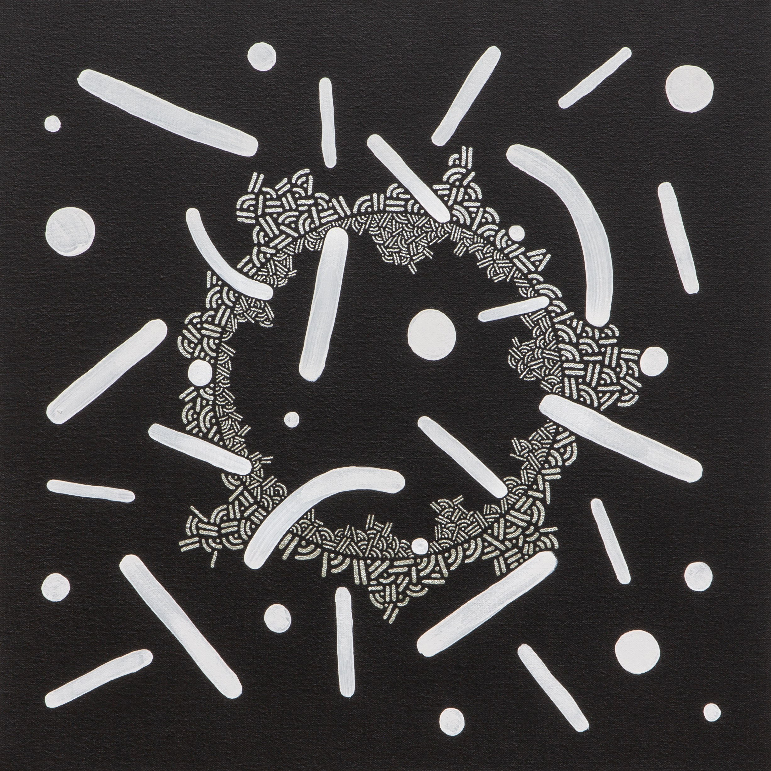 “Development” (2023) by Pipe Yanguas, from the ATMOSPHERE painting series, featuring an intricate circular formation of white dots and lines surrounded by larger scattered white marks against a black background.