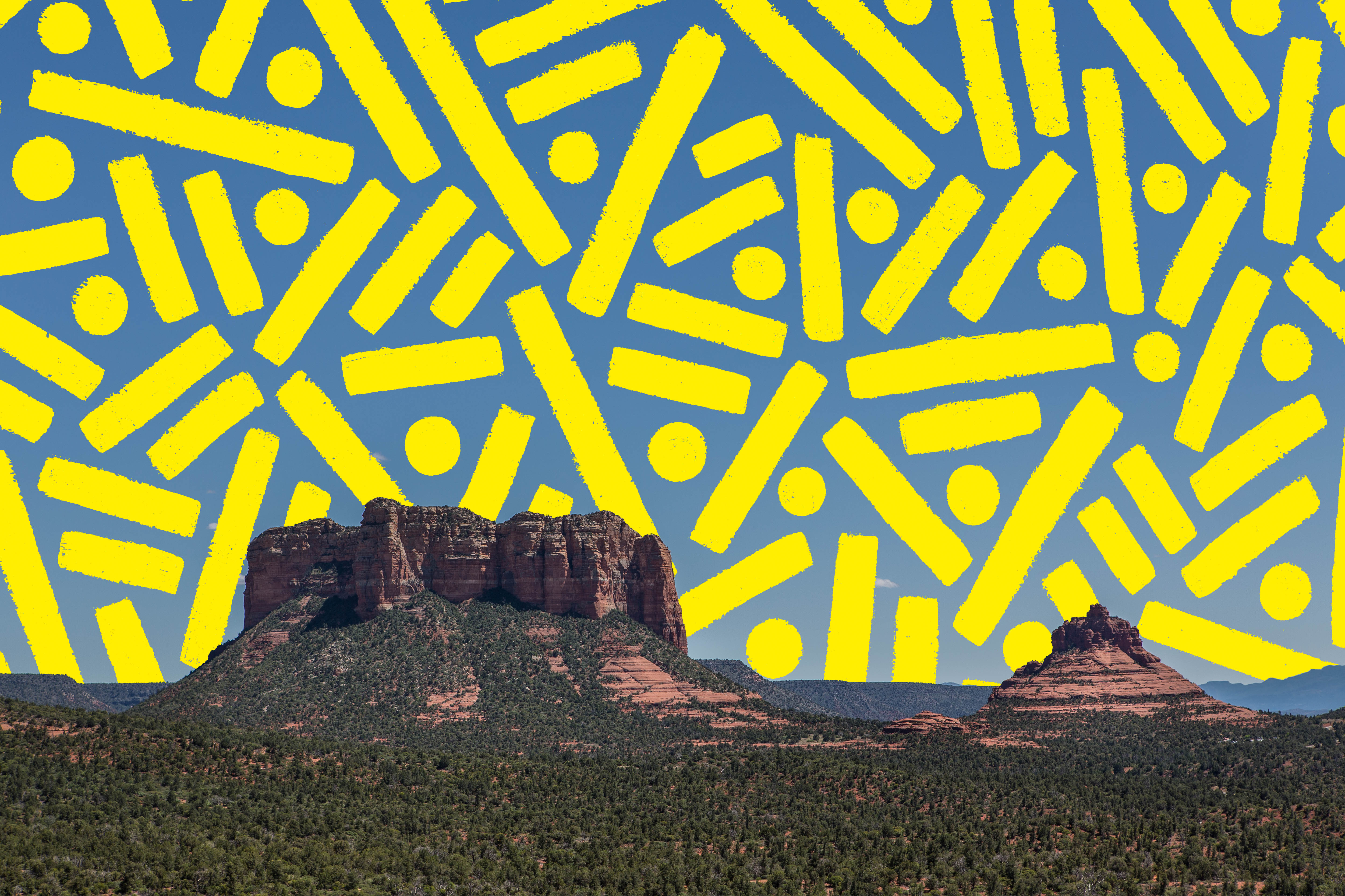“Desert Constellation” by Pipe Yanguas, a digitally intervened photograph of Arizona's red rock landscape beneath a vivid yellow sky filled with geometric dots and lines.