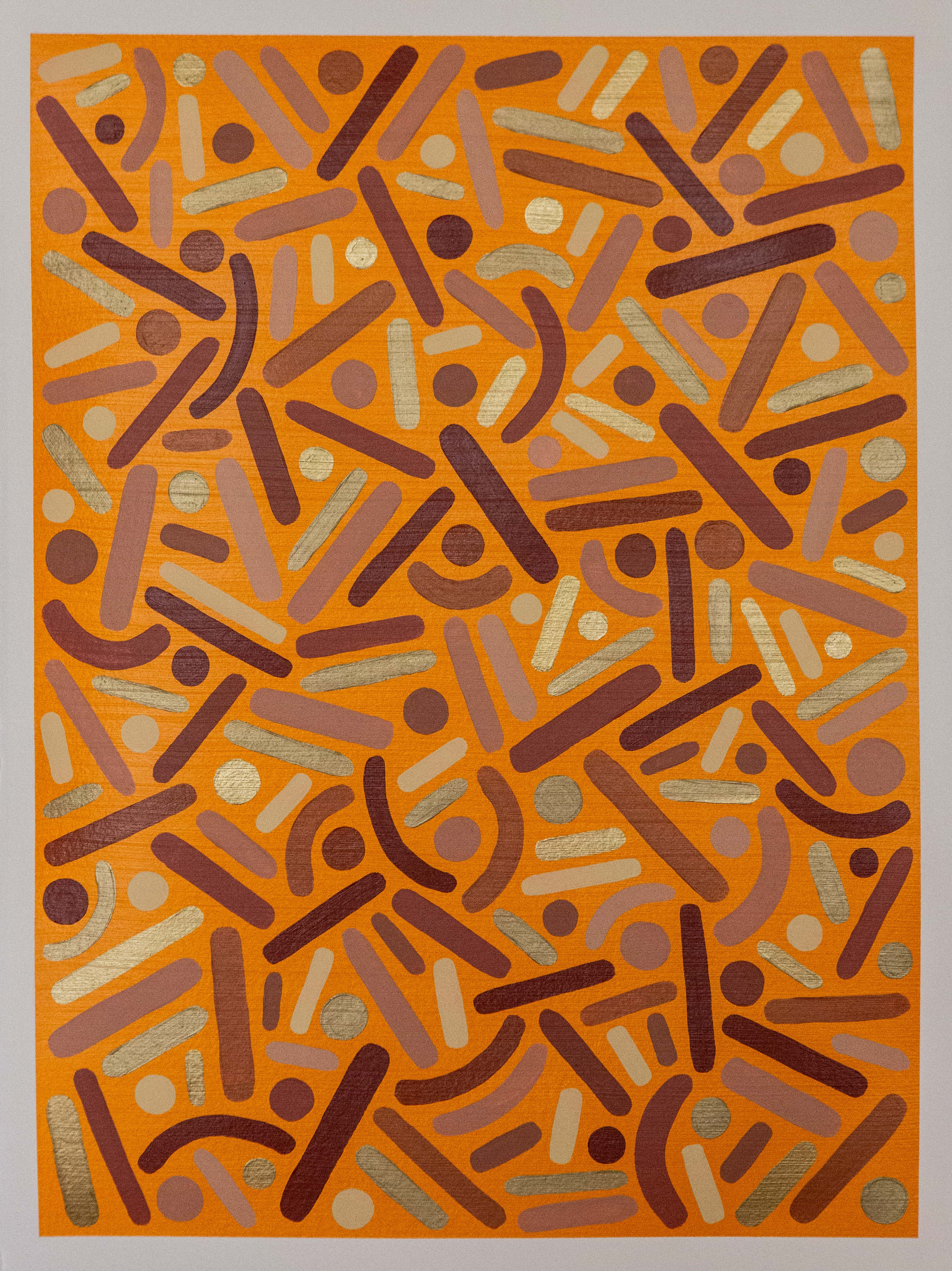 Orange, brown, and pale dots and curves densely scattered across a warm rectangular background.