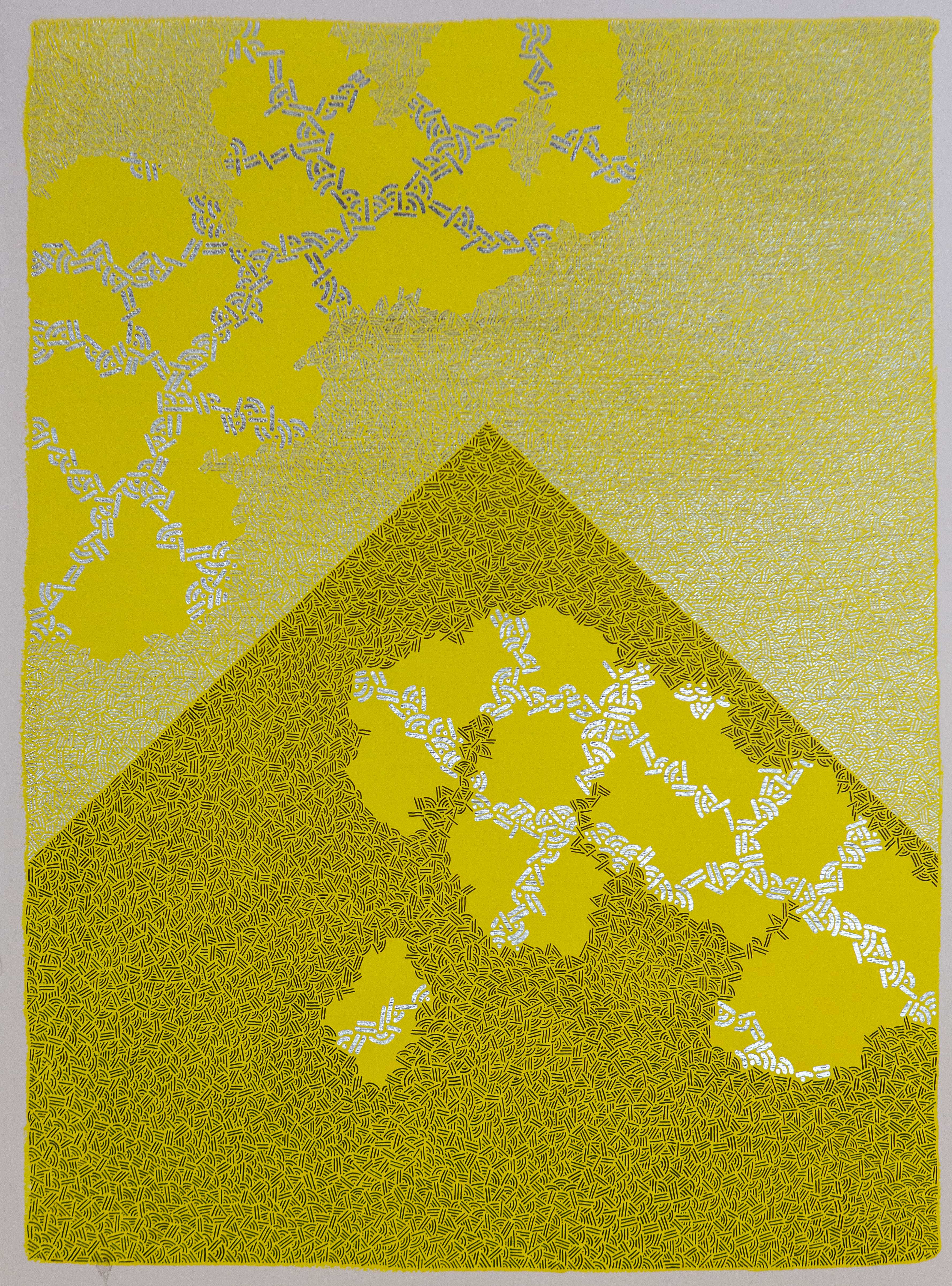 Fine golden marks form a triangular peak beneath floating yellow and pale geometric clusters.