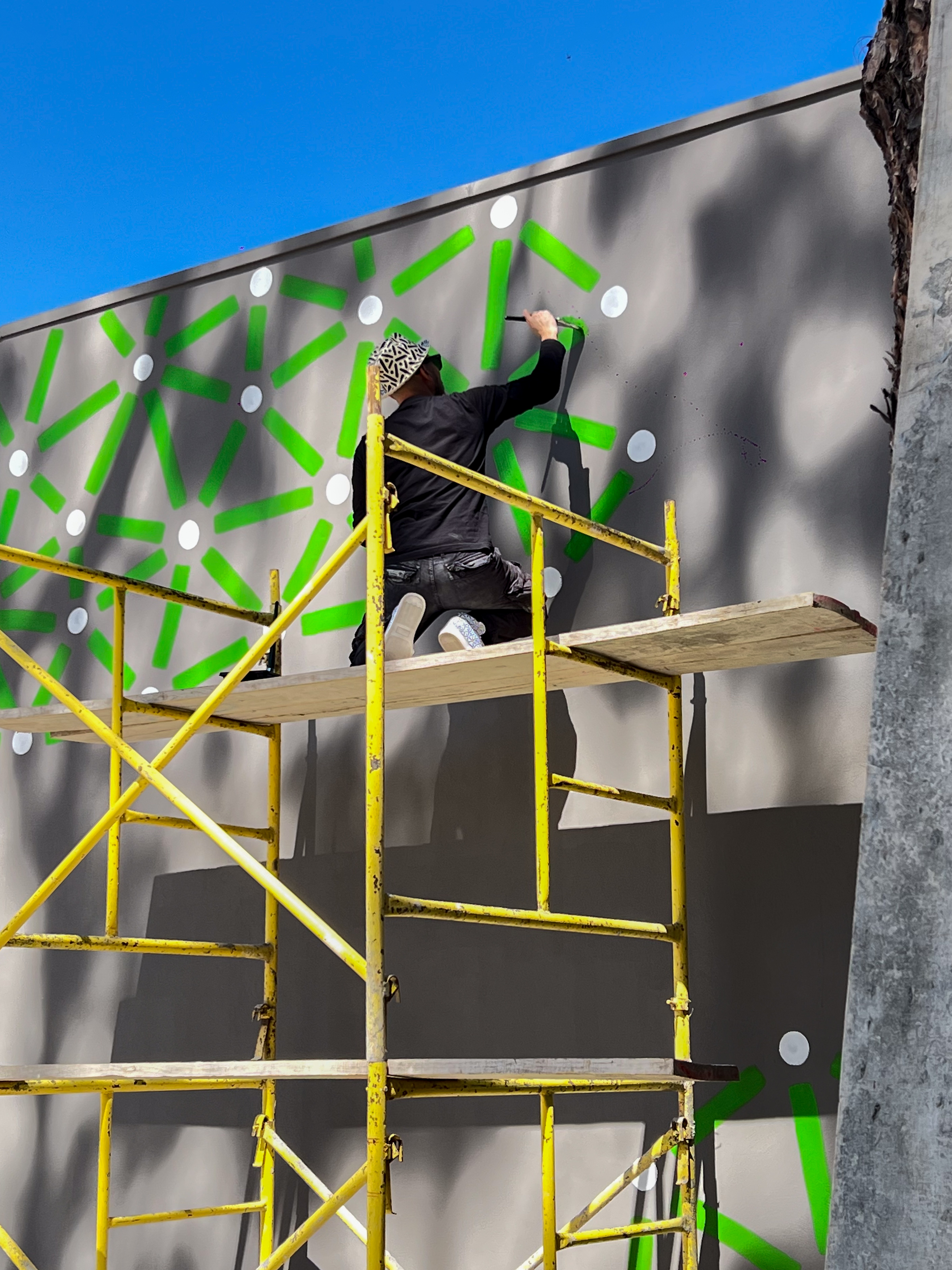 Roots: Artist works from yellow scaffolding to paint green lines and pale dots on a tall exterior wall.
