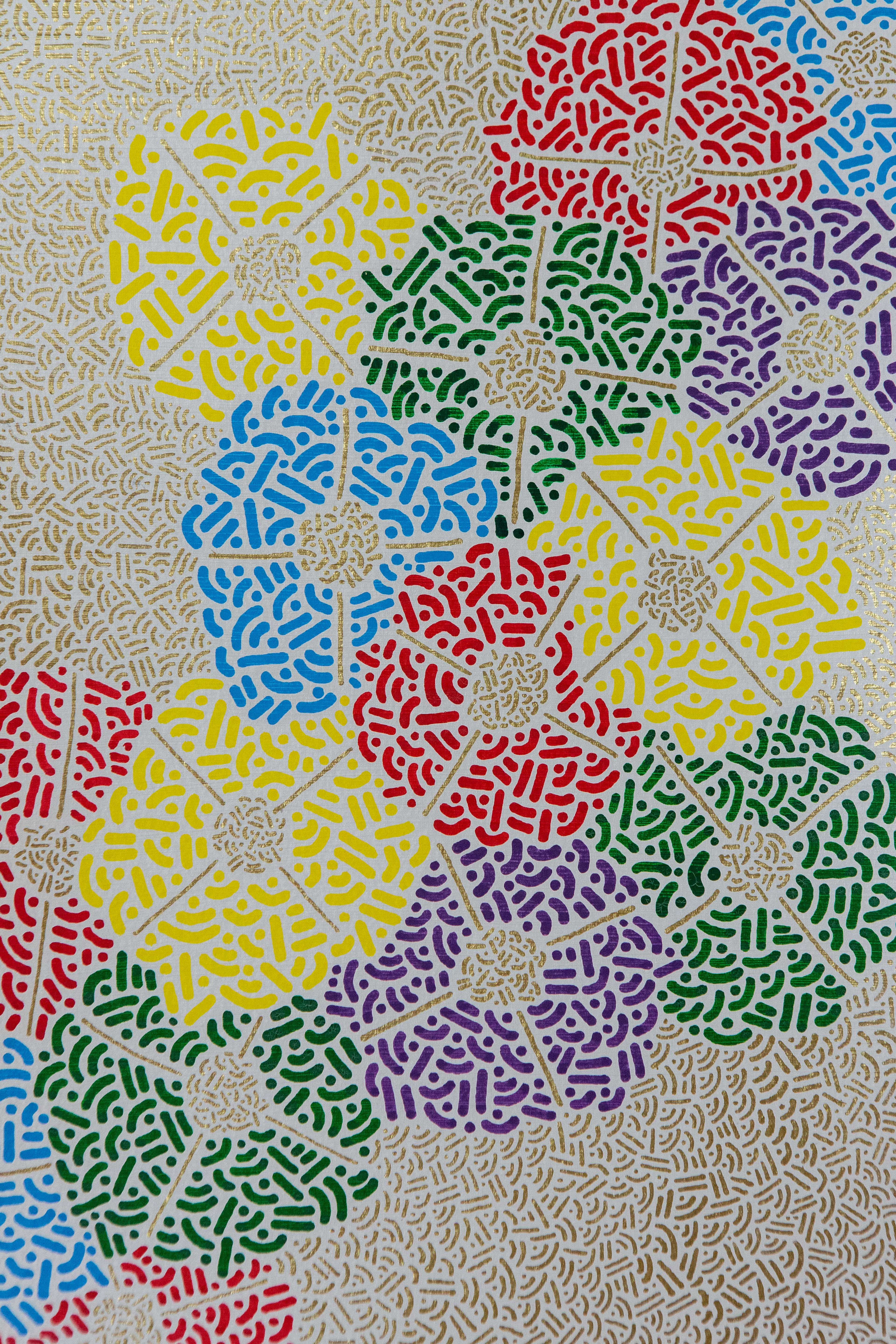Pollination: Detail of colorful circular clusters made from fine dots and lines.
