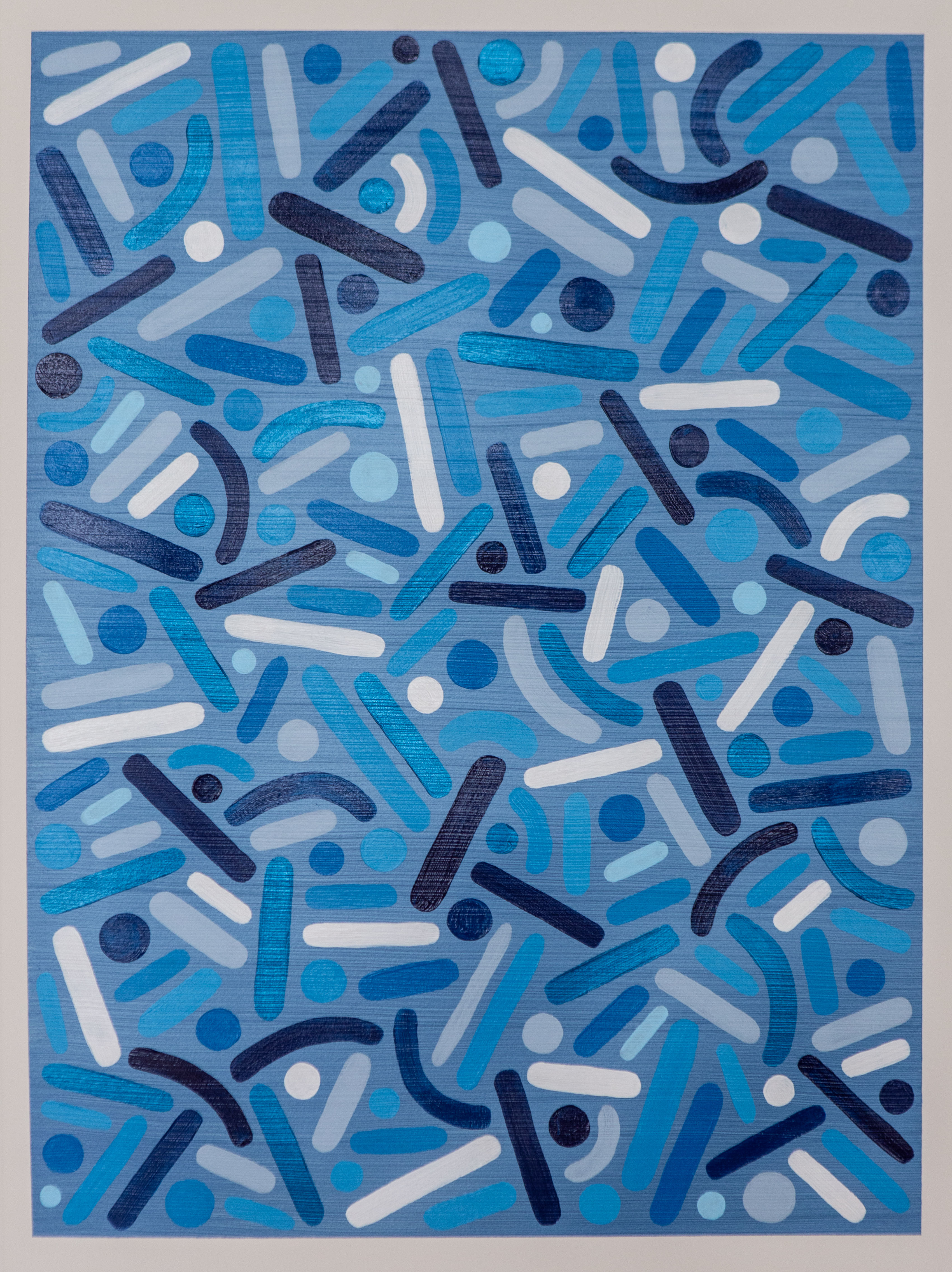 Blue and white dots, curves, and straight lines fill a blue rectangular composition.