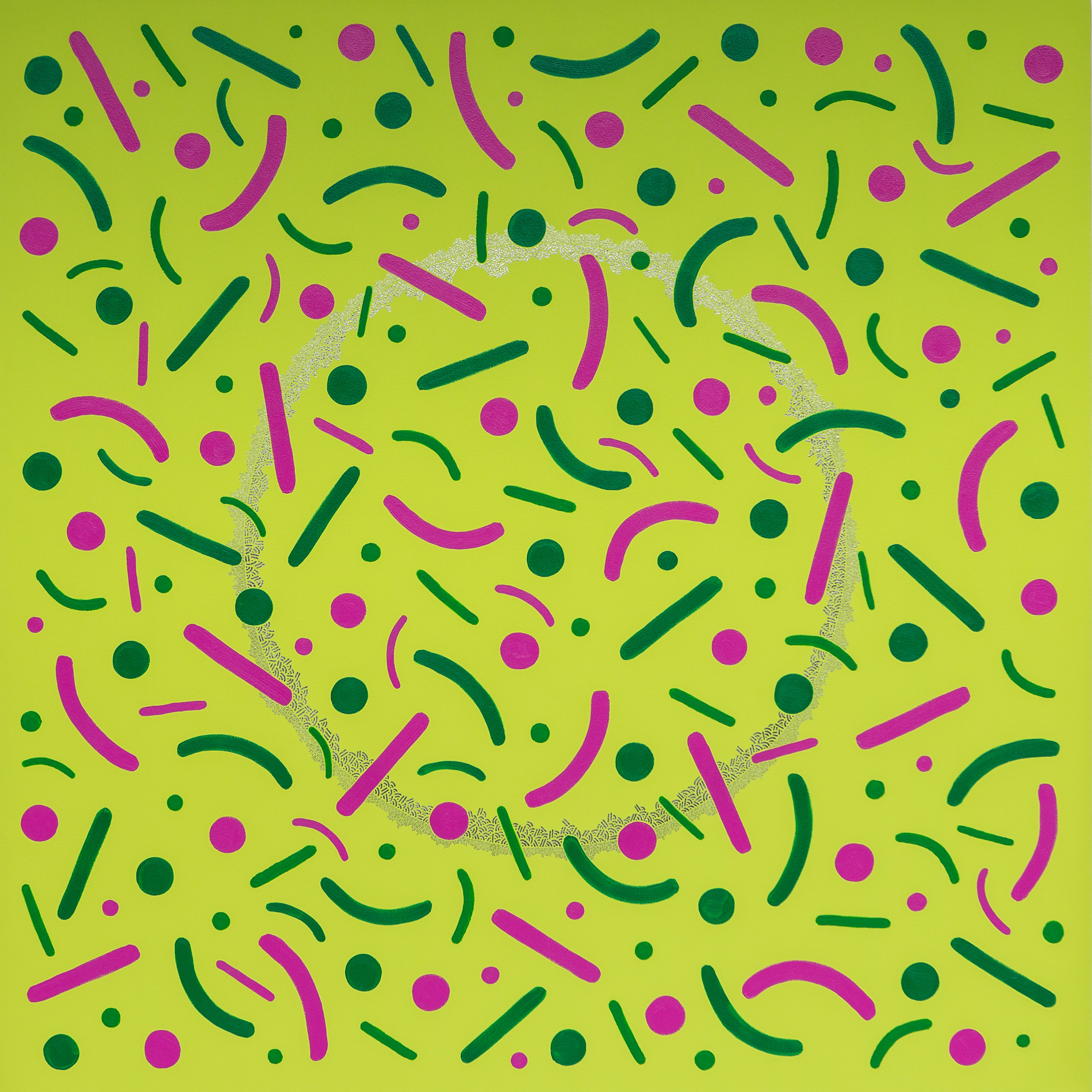 Green, pink, yellow, and dark dots and curves scattered across a bright lime-green background.