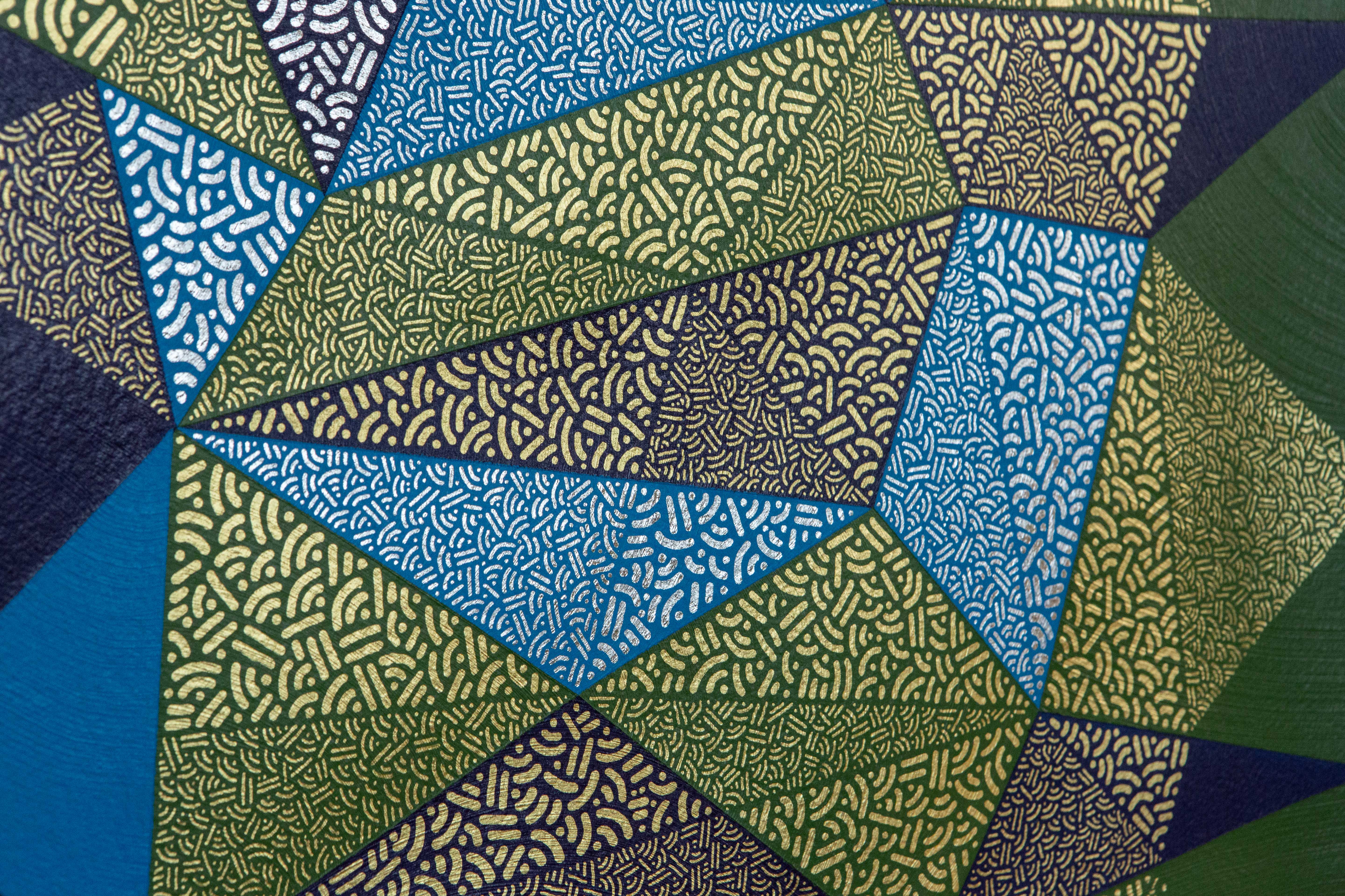 Paths: Close-up of blue, green, and gray triangular forms filled with fine dots and lines.