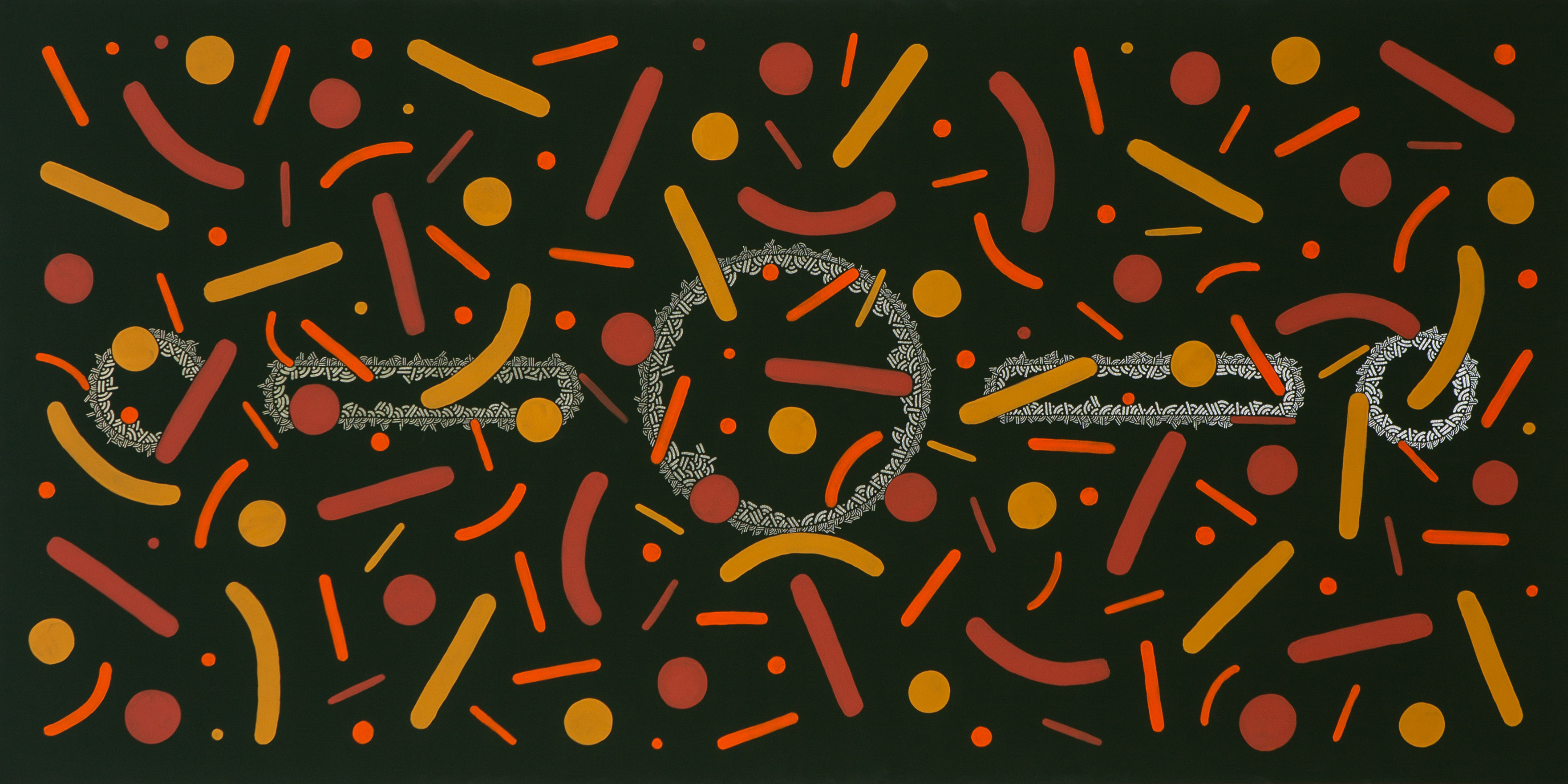 Orange and green dots and curves scattered across a dark horizontal background.