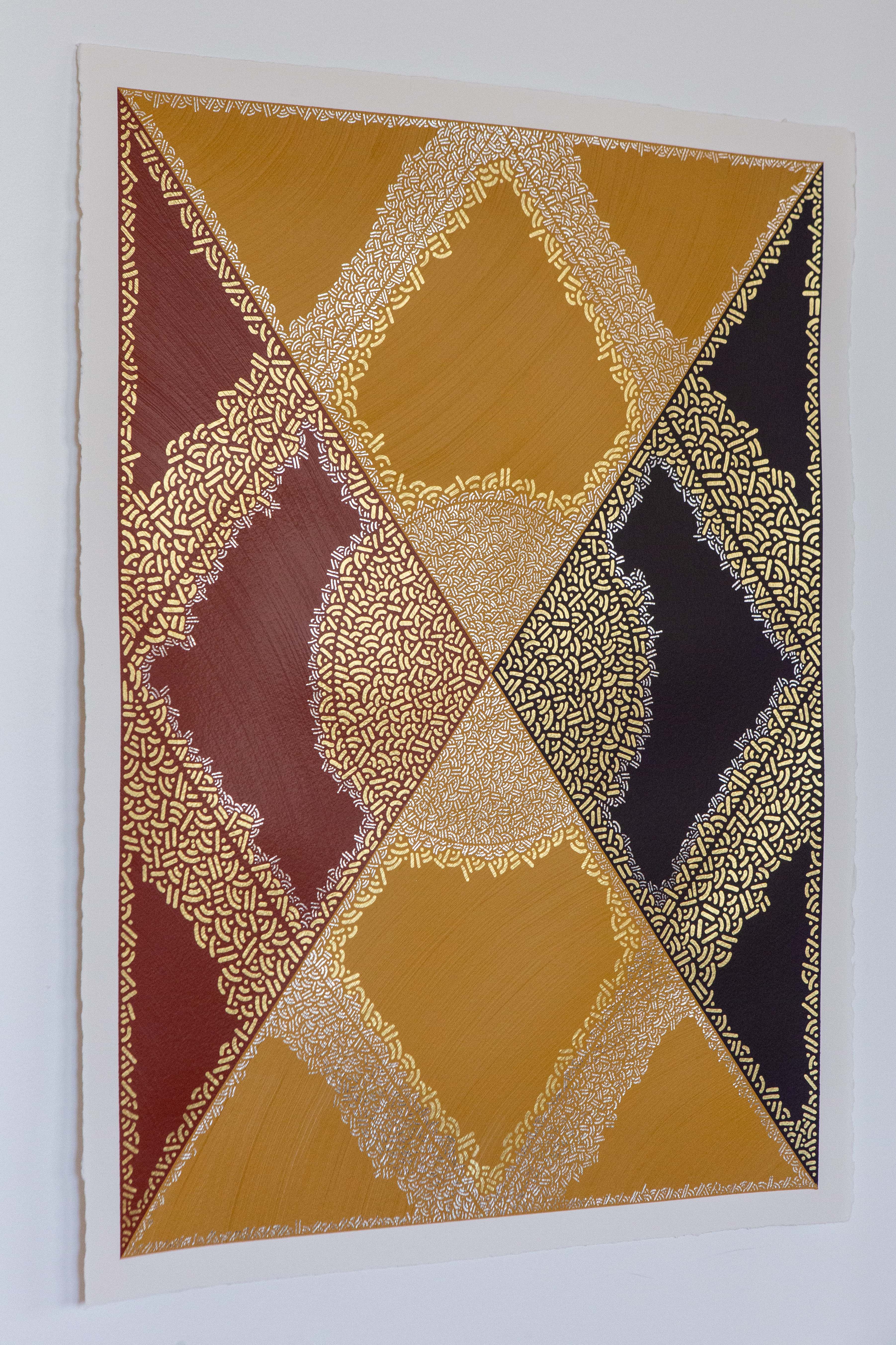 Cosmic Nodes: Gold, burgundy, and black diamond composition hanging on a pale wall.