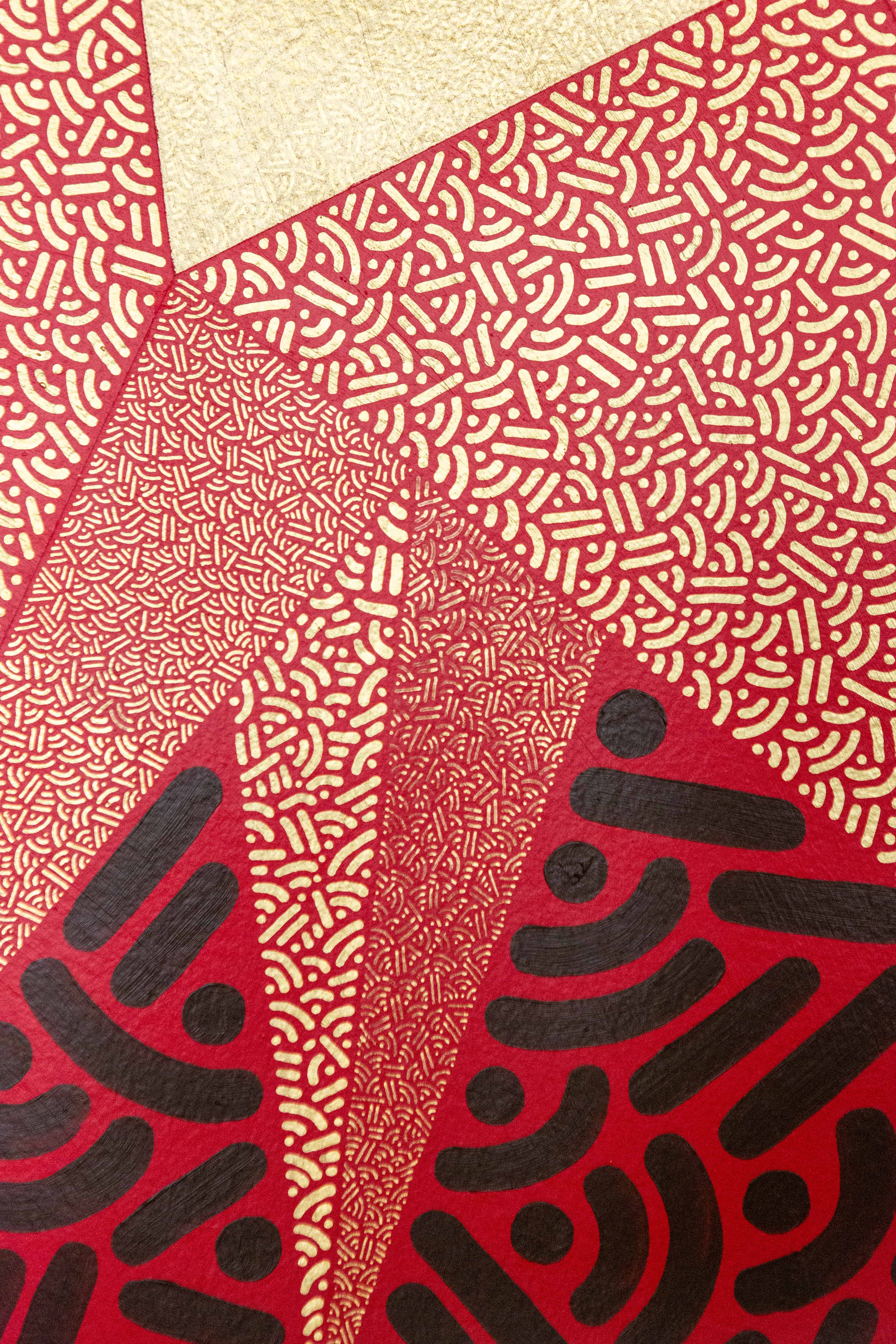 Radiant Convergence: Detail of copper and gold pointed shapes crossing a red-and-black patterned background.